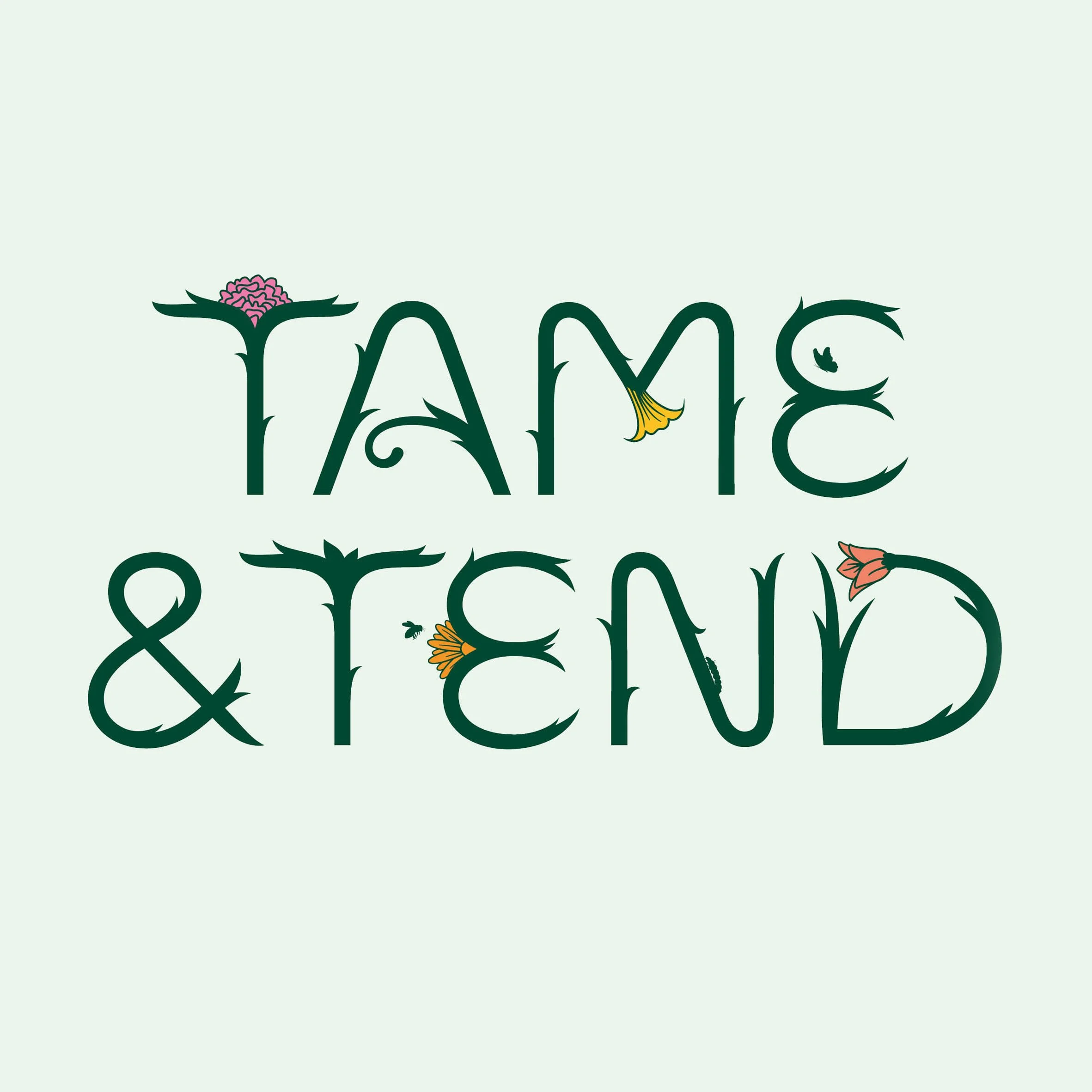 'TAME & TREND' decorative logo with floral and bird elements incorporated into the lettering on a light background.