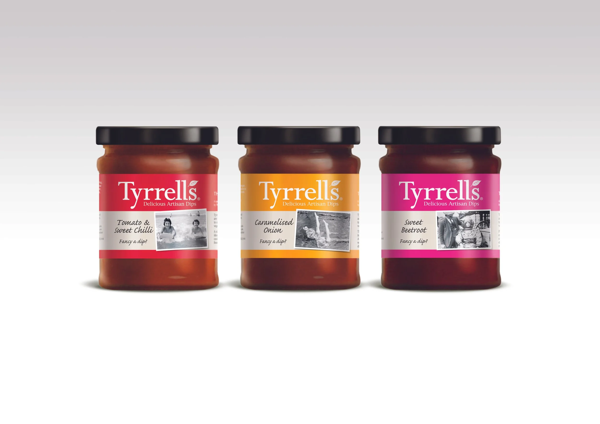 Three jars of Tyrrell's artisan dips labeled tomato and sweet chili, caramelized onion, and sweet beetroot, arranged on a plain surface with a white background.