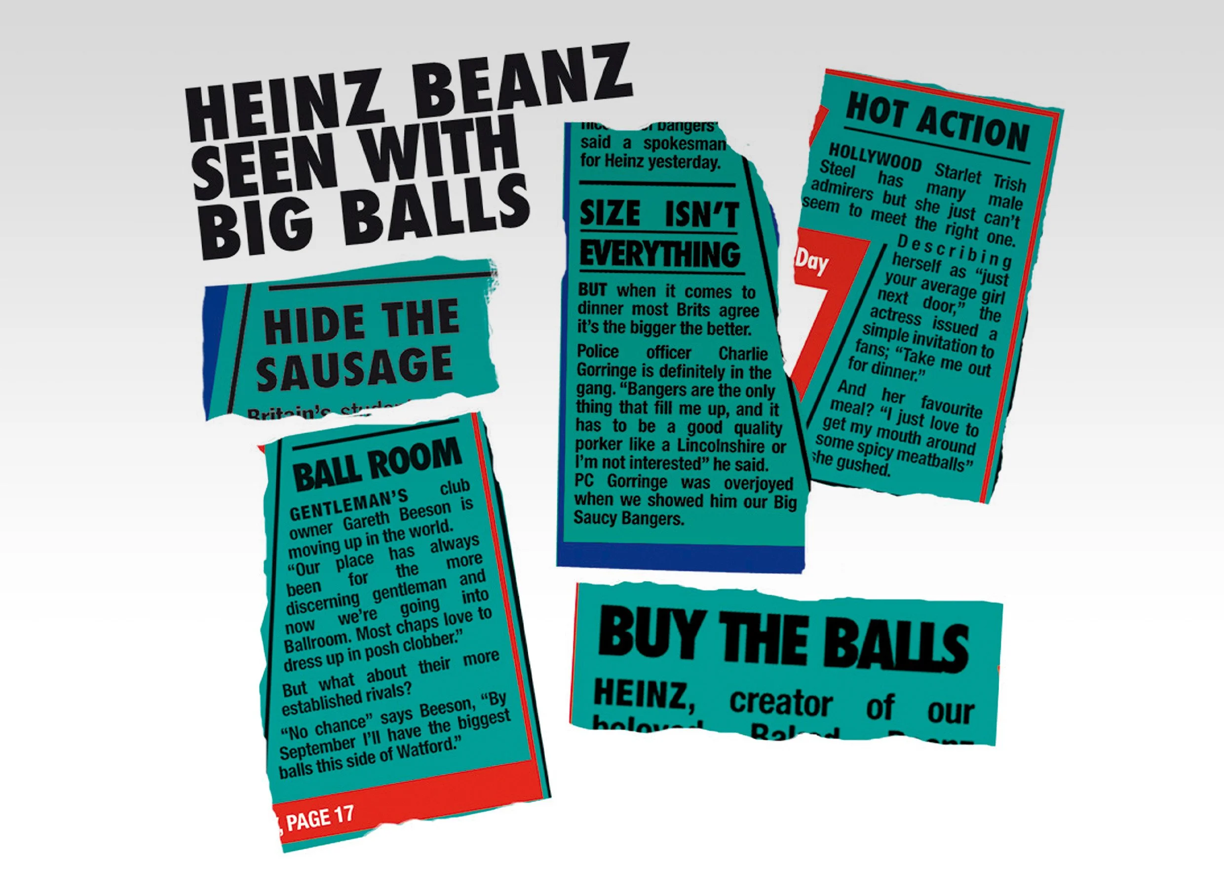 Collage of newspaper clippings with headlines about Heinz Beanz, Big Balls, and related topics, including articles and advertisements in bold and colored text.