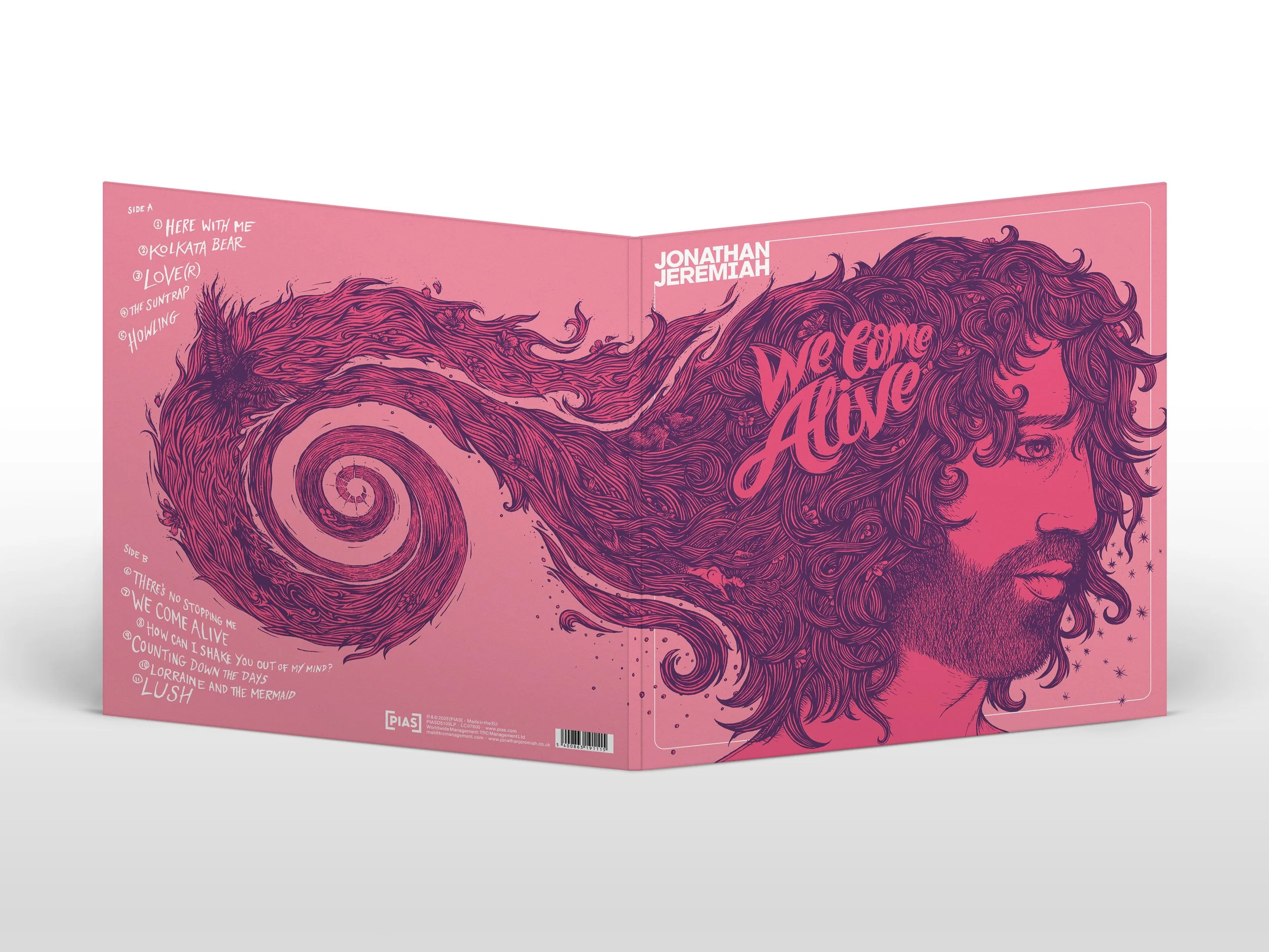 Jonathan Jeremiah - Pink vinyl record album cover featuring an illustrated portrait of a man with long curly hair and a beard, with the words "Welcome Alive" written in stylized pink script. The left side has track lists for sides A and B.