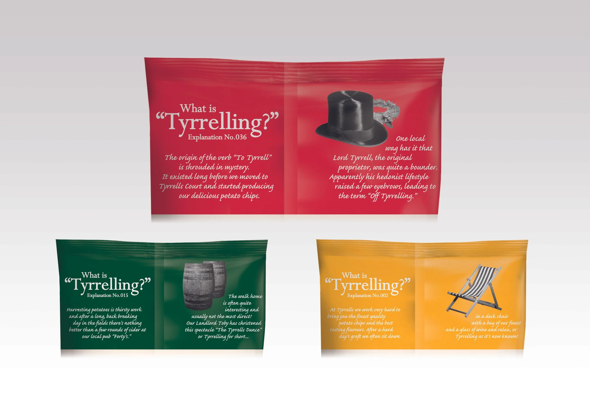 Three concepts for the back of packs for Tyrrells - Tyrrelling. The red bag featuring a black hat and a small snake. The green bag mentions harvesting potatoes and shows barrels. The yellow bag talks about enjoying potato chips, with a deck chair.