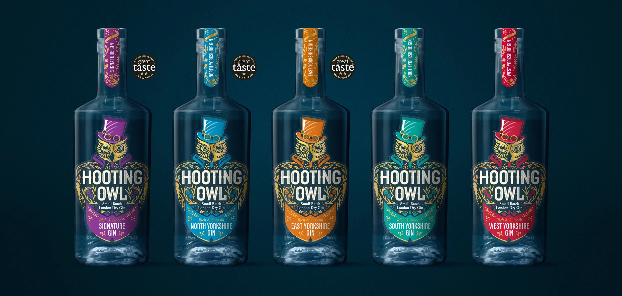 Five bottles of Hooting Owl Gin in different flavours, each with a colourful gold owl logo and a label indicating regional variety, set against a dark blue background.