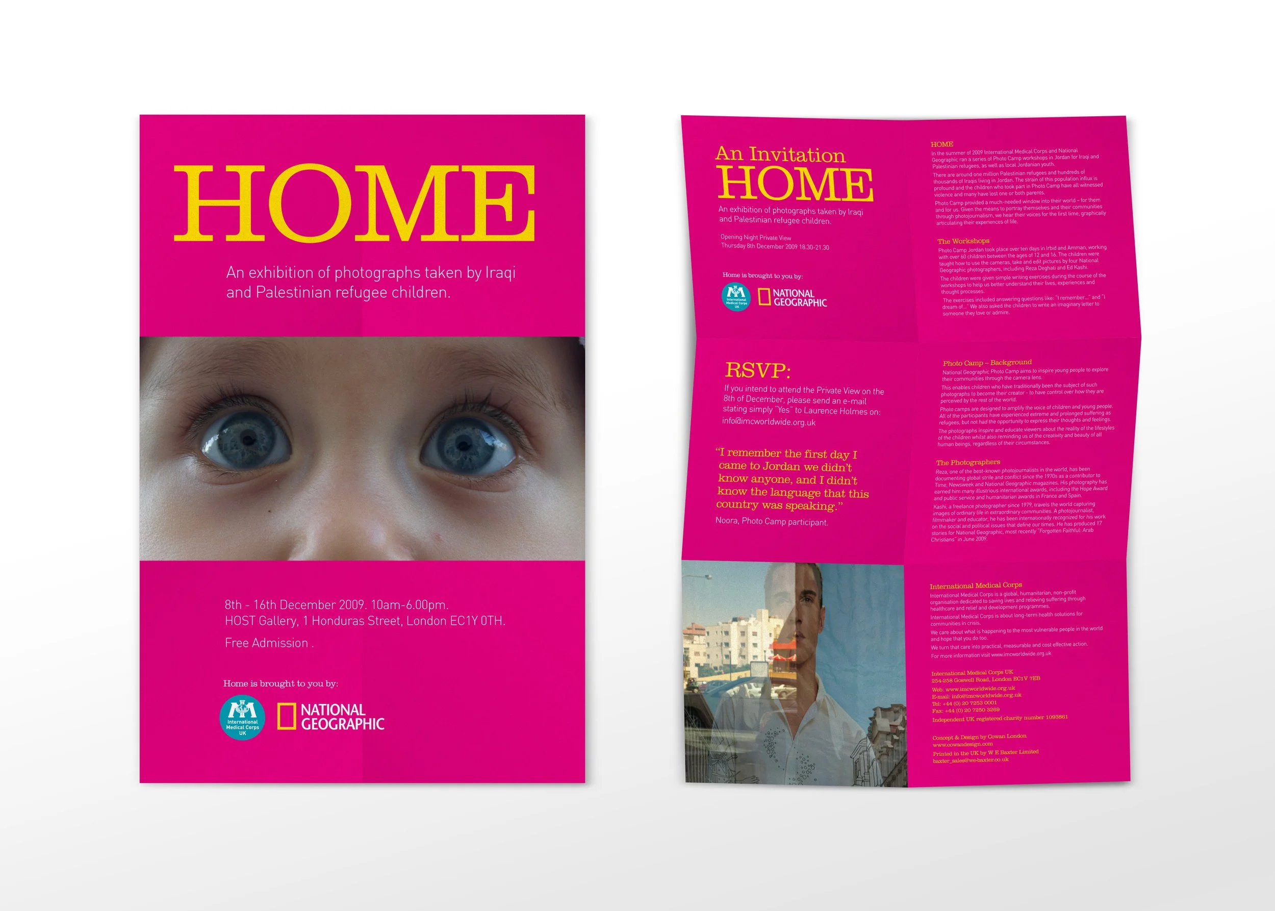 International Medical Corps Pink poster brochure for an exhibition called 'Home,' featuring a close-up of a child's blue eyes on the front cover and detailed information inside about the event, including dates, location, and sponsors.