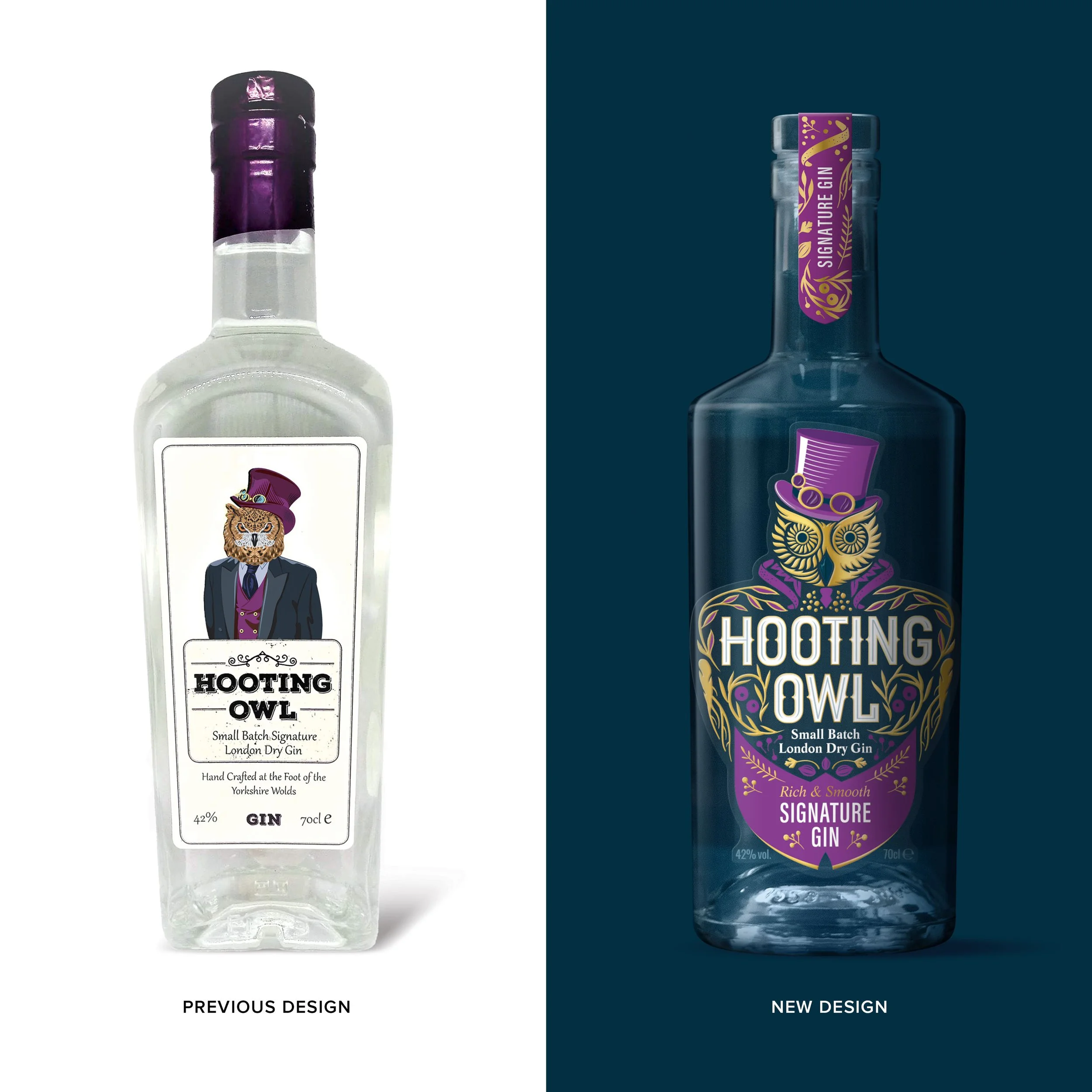 Hooting Owl Signature Gin - before and after the current redesign by Attfield Brand Design.