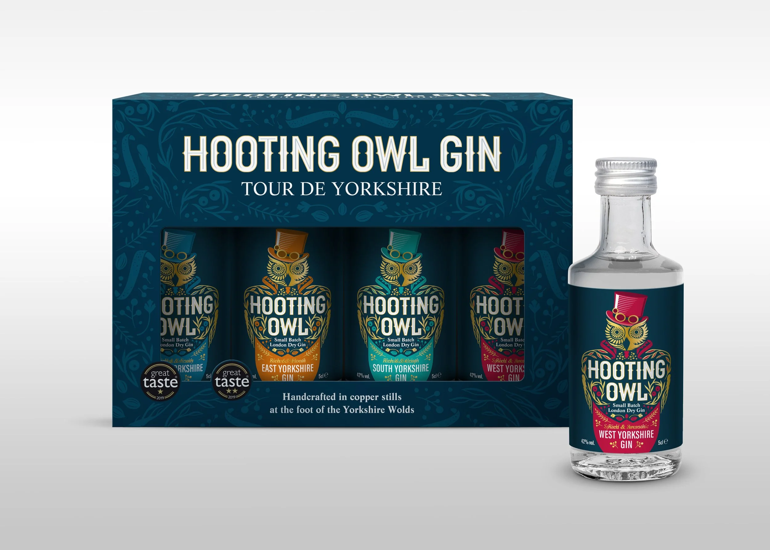 A Hooting Owl Gin Tour de Yorkshire 4 x 5cl gift pack featuring 4 gins each named after one of the Yorkshire Ridings.