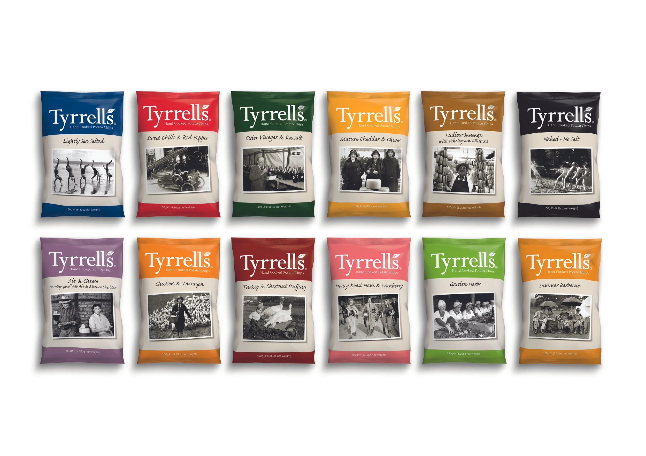 Collection of twelve assorted Tyrrell's flavored potato chips bags with vintage black-and-white photographs and colorful packaging.