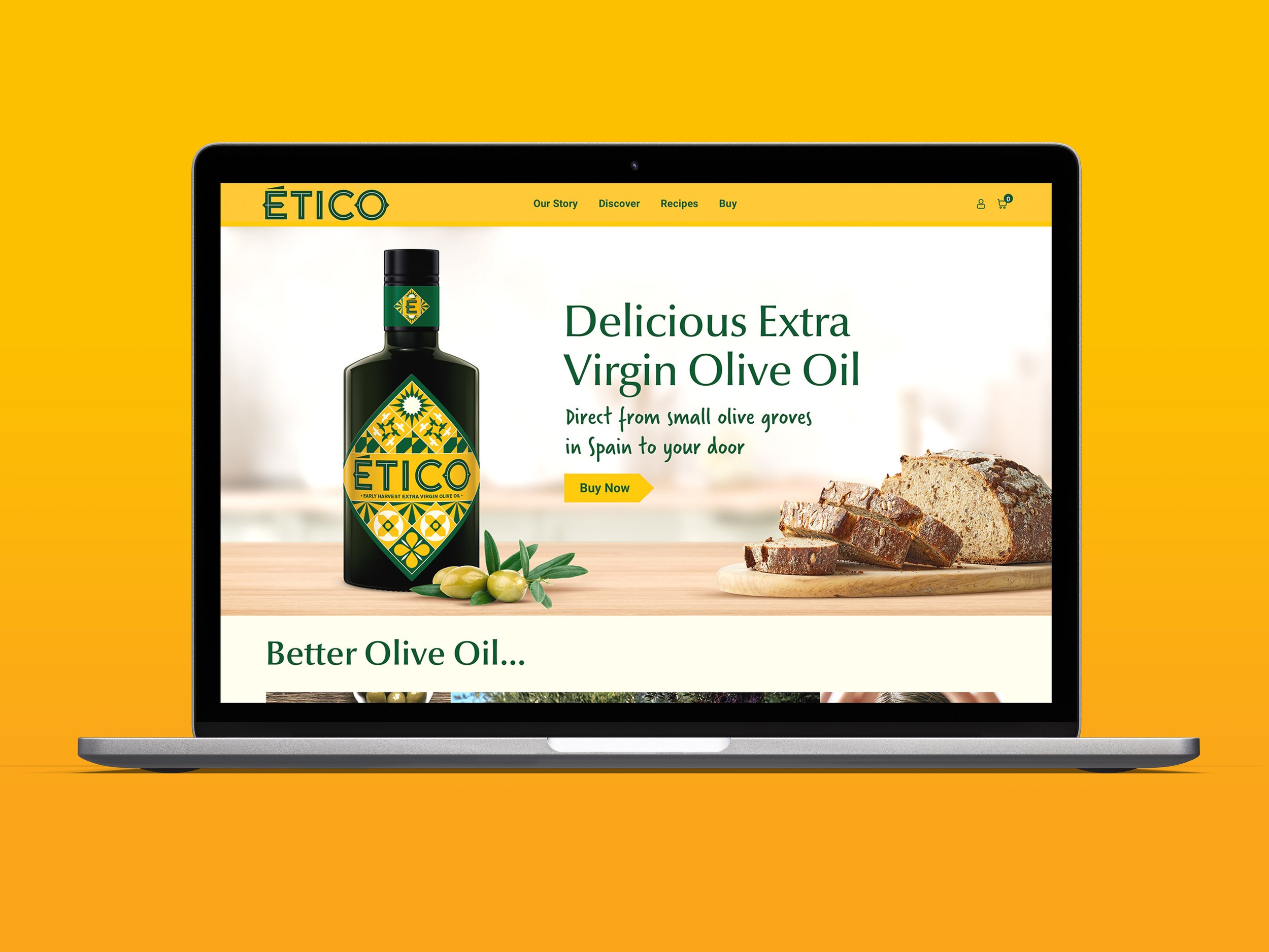 The Ético Extra Virgin Olive Oil website homepage is shown on a laptop on a rich yellow background.