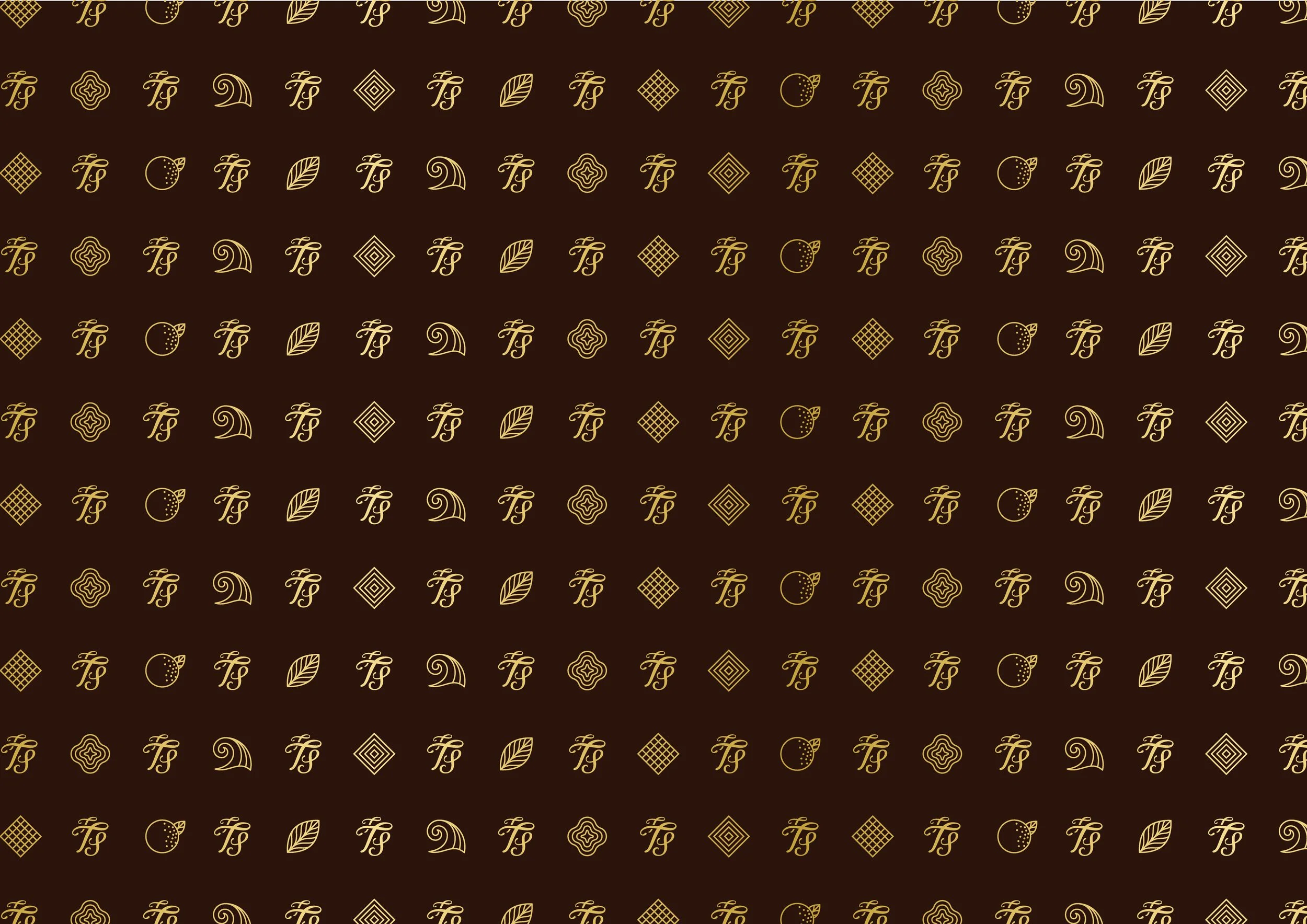 The Toffee Shop master pattern showing flavour icons in gold on a brown background.