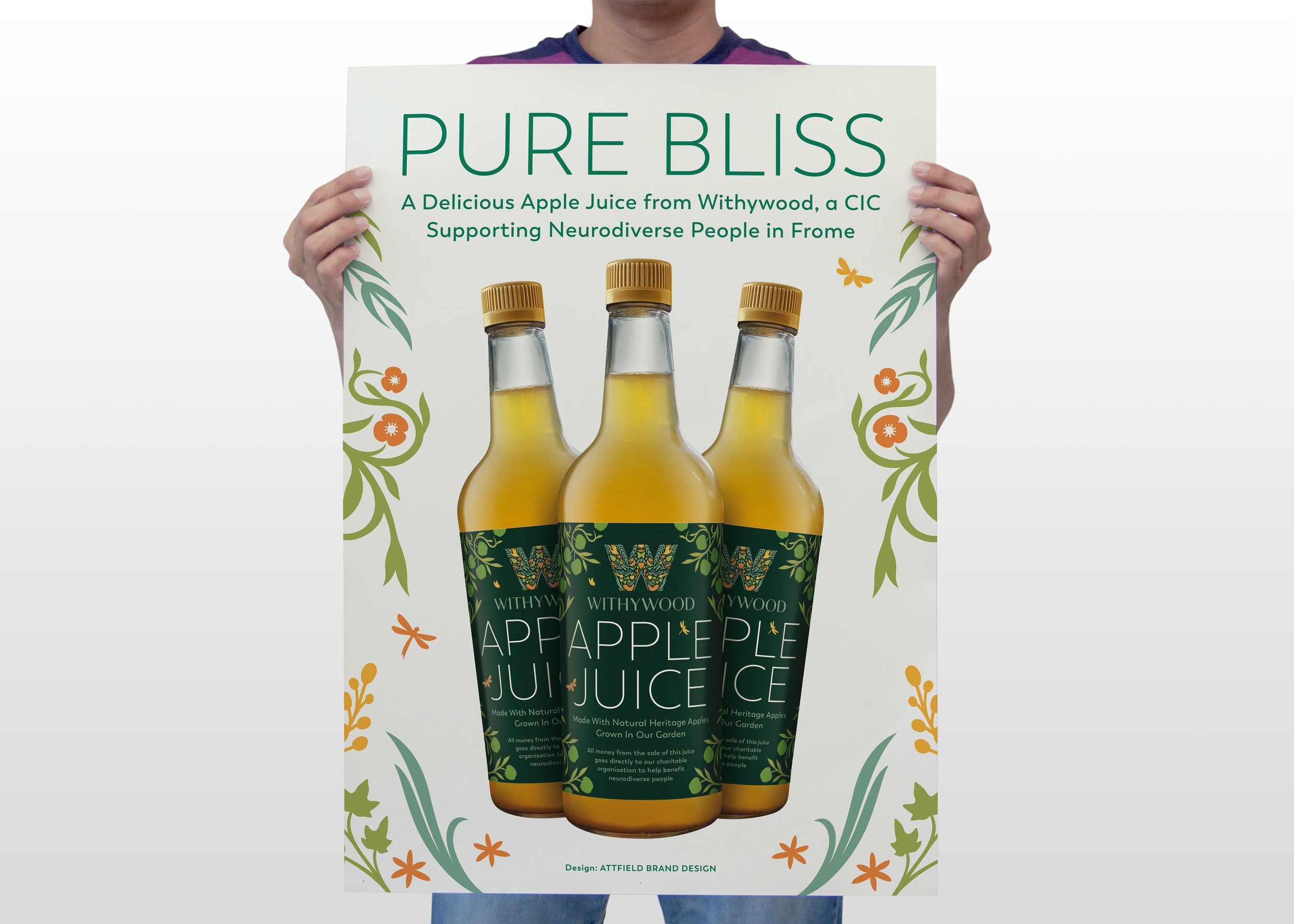 Withywood Apple Juice pposter. The juice is made from 100% natural Withwood apples and with all proceeds going to the charity.
