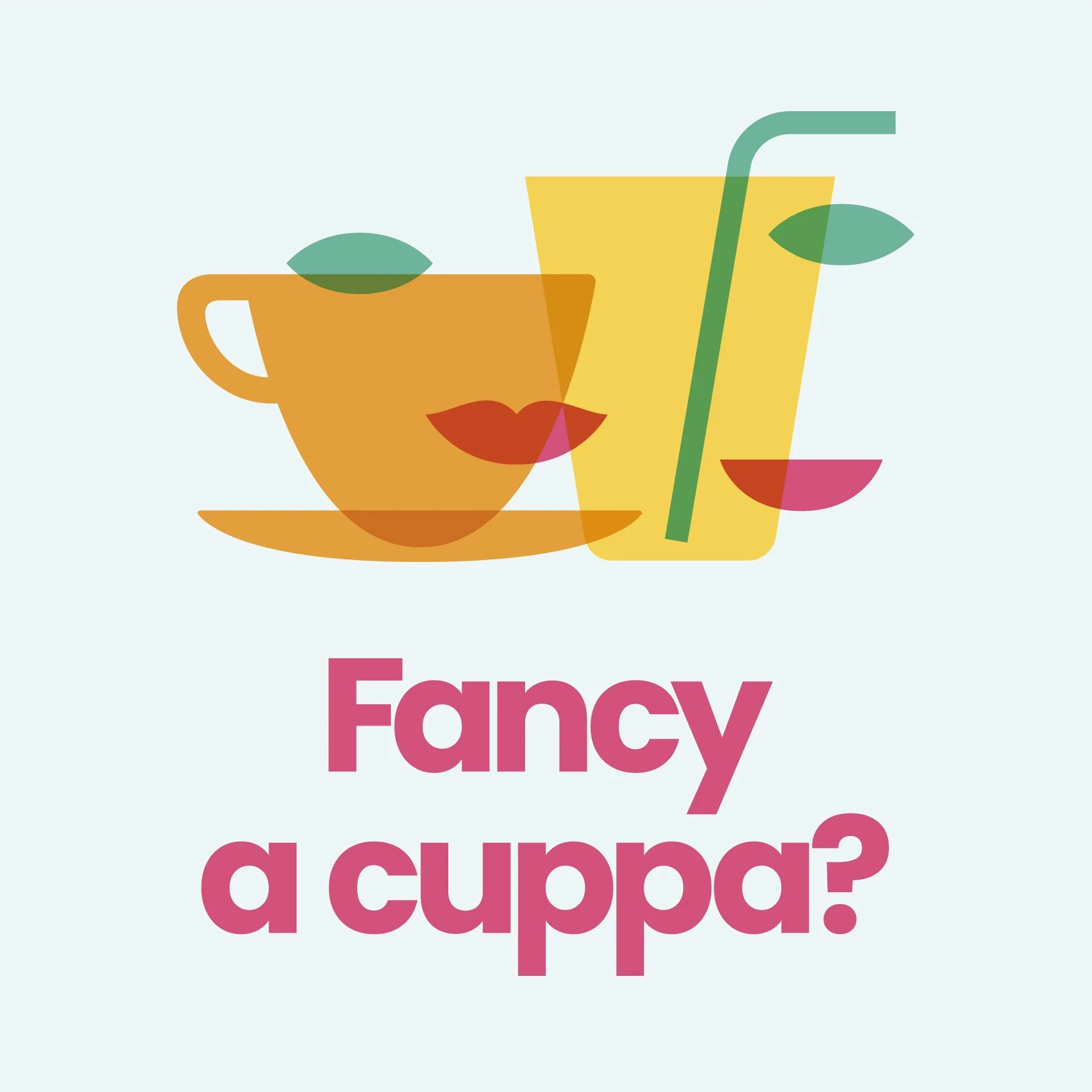 InTouch Café - abstract illustration of a cup with lips, a drink with a straw, and a bowl, with the text 'Fancy a cuppa?'