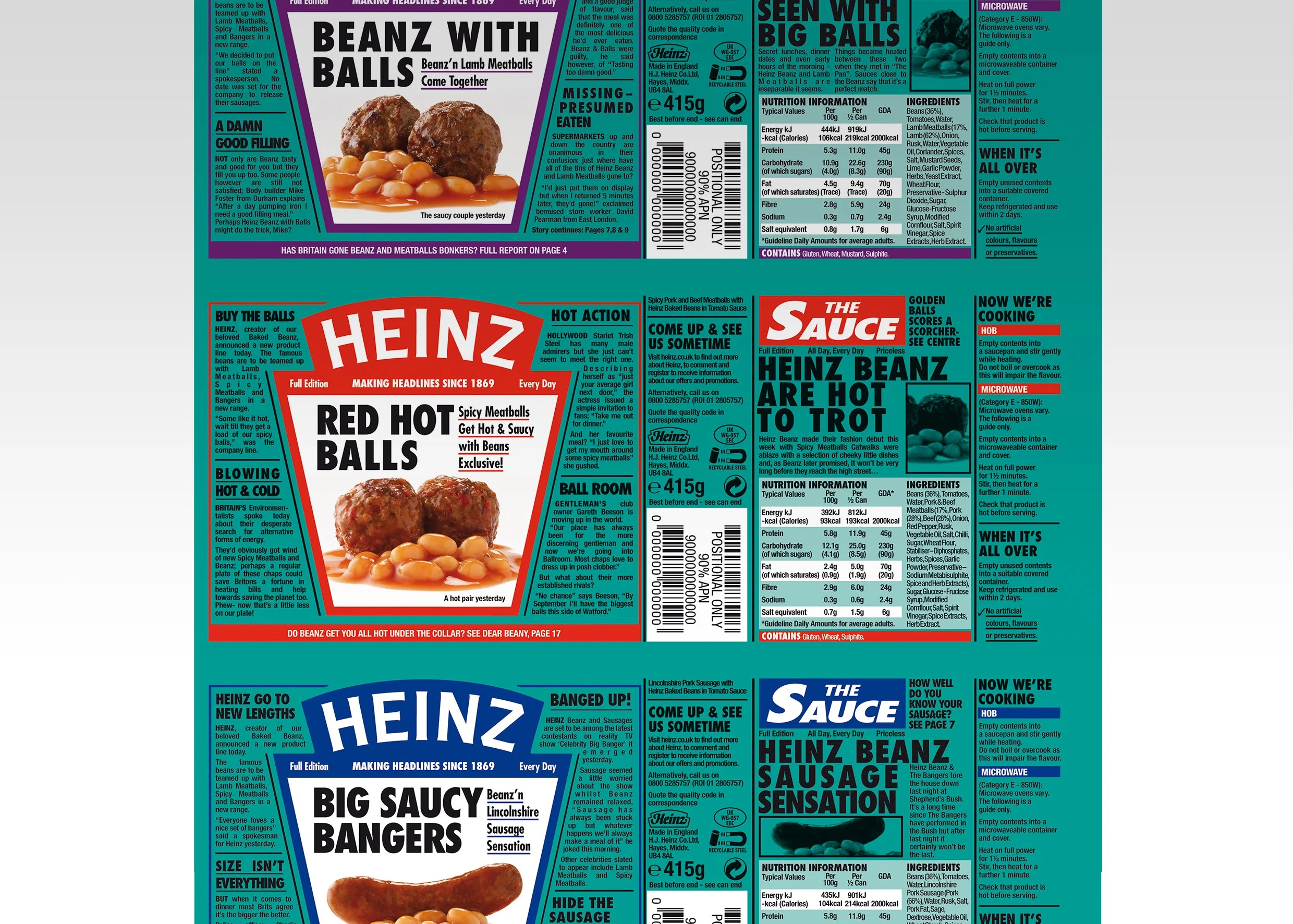 Images of Heinz Beanz meatball products and packaging, featuring text about the products, ingredients, and marketing slogans.