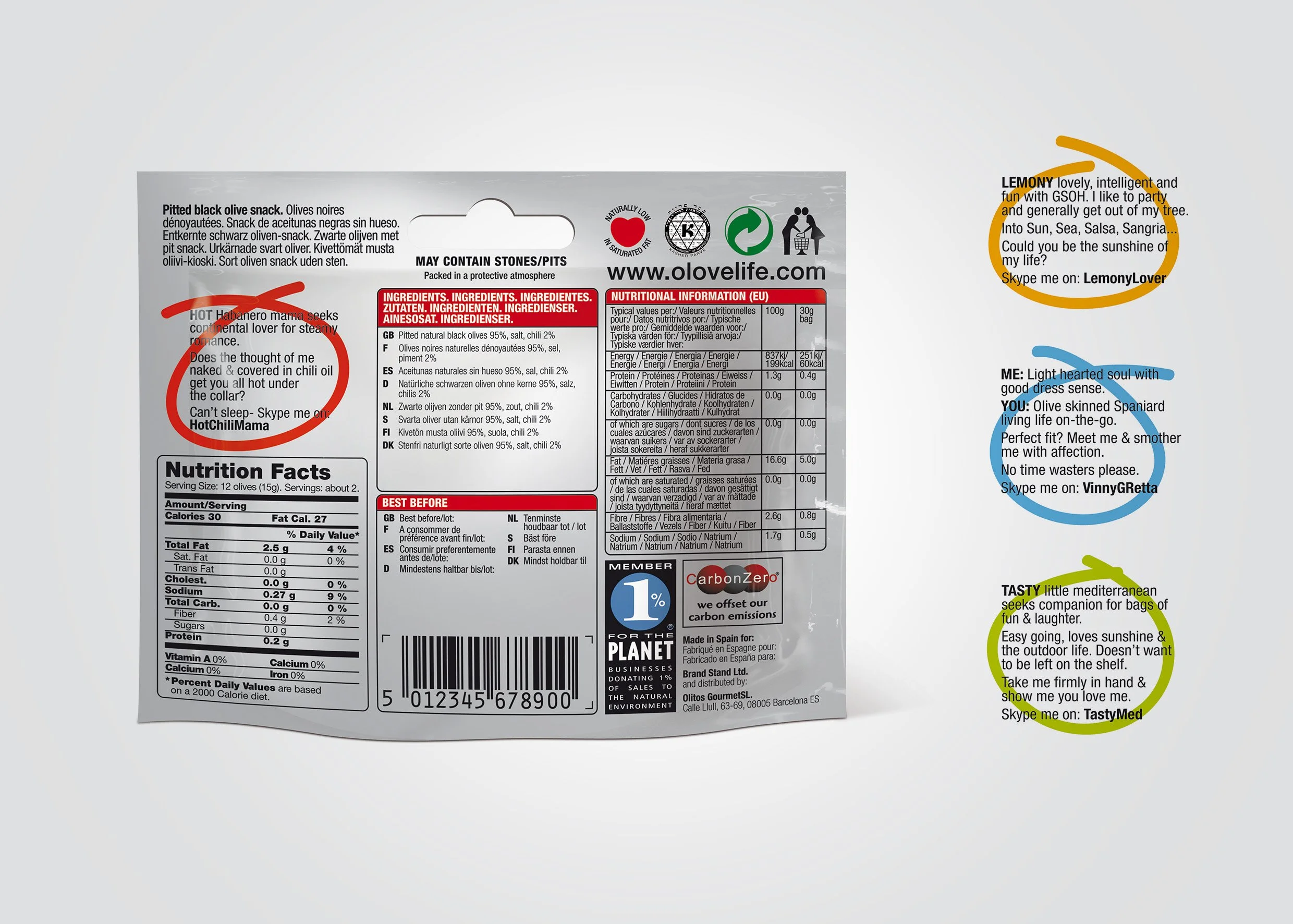 Oloves - Back of a snack package with ingredients, nutrition facts, and three colorful handwritten notes about the product. The notes are in orange, blue, and green.