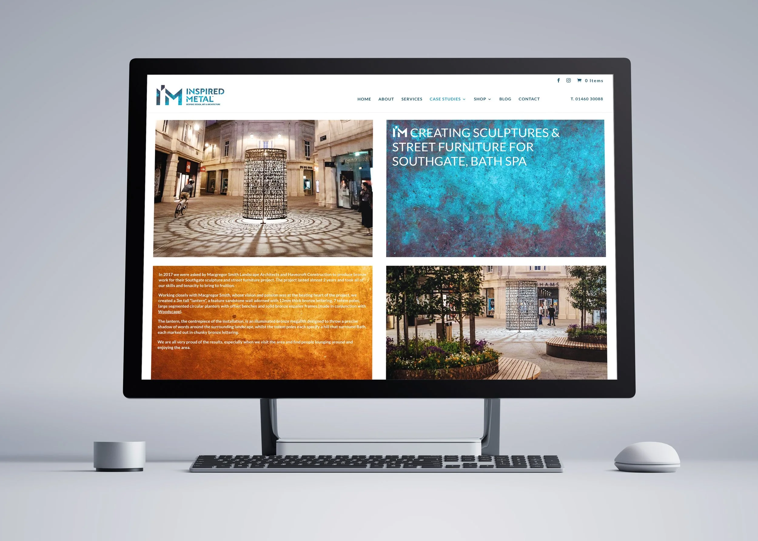 Computer monitor displaying a website for Inspired Metal, a company creating sculptures and street furniture, with images of metal street art and interior designs.