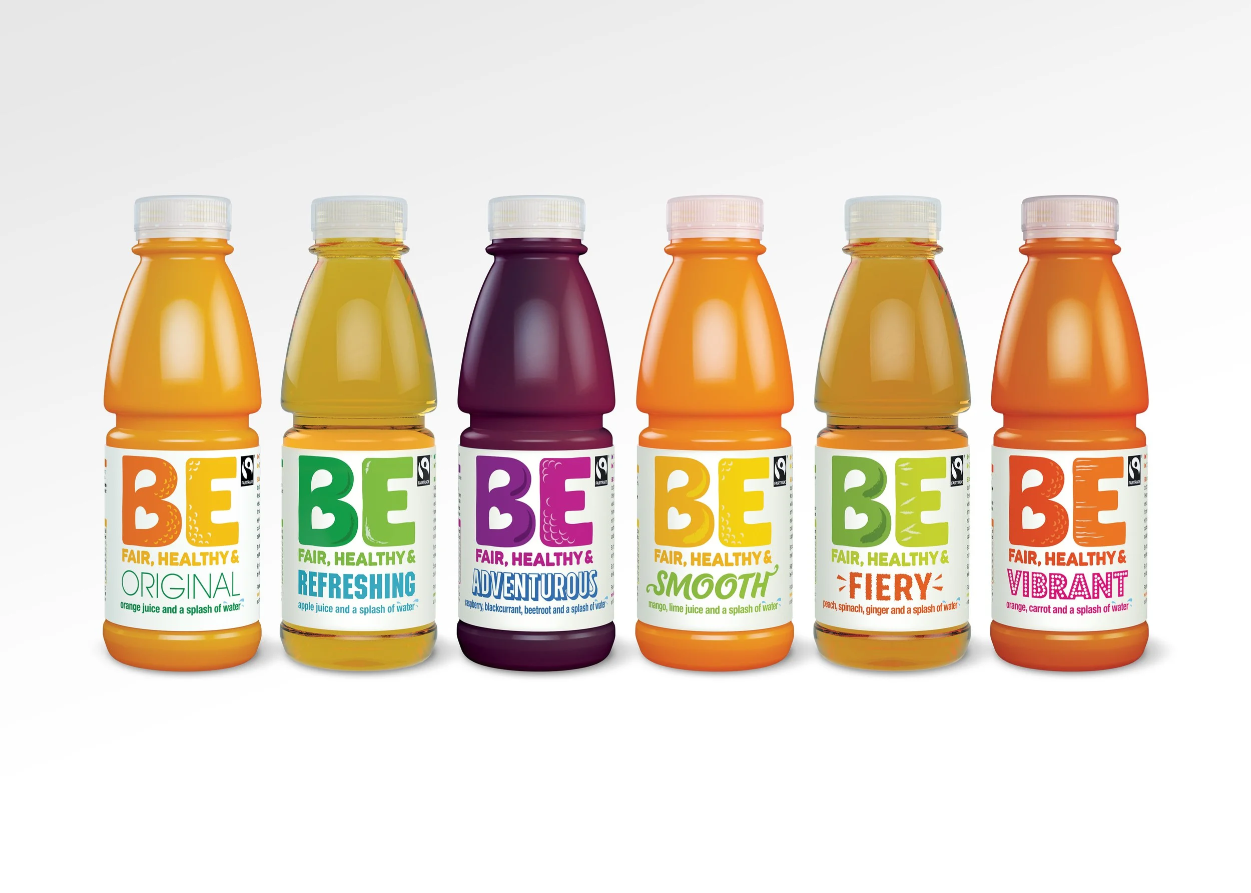 Six bottles of BE Drinks juice with colourful labels - each with a descriptive phrase such as 'Original,' 'Refreshing,' 'Adventurous,' 'Smooth,' 'Fiery,' and 'Vibrant'.