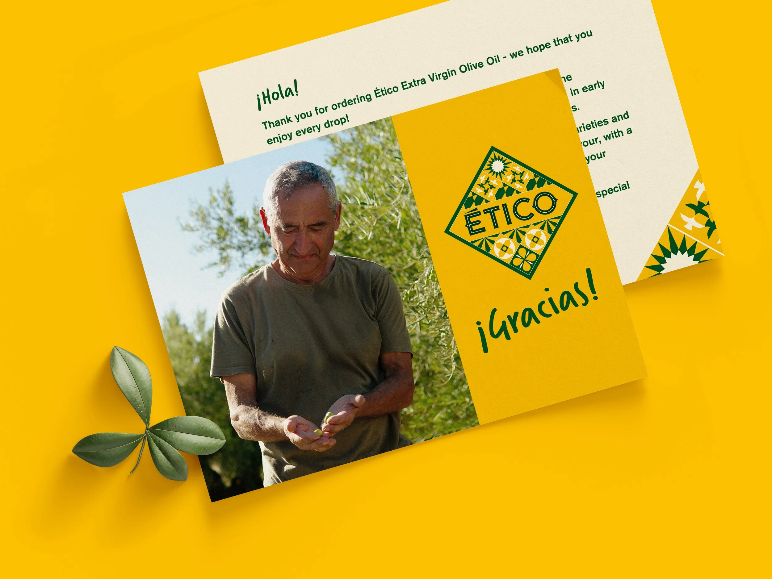 An Ético Extra Virgin Olive Oil thank you card featuring a photo of Paco, the owner of one of Ético’s olive farms in Subbetica, a Gracias message and text explaining more about the brand.