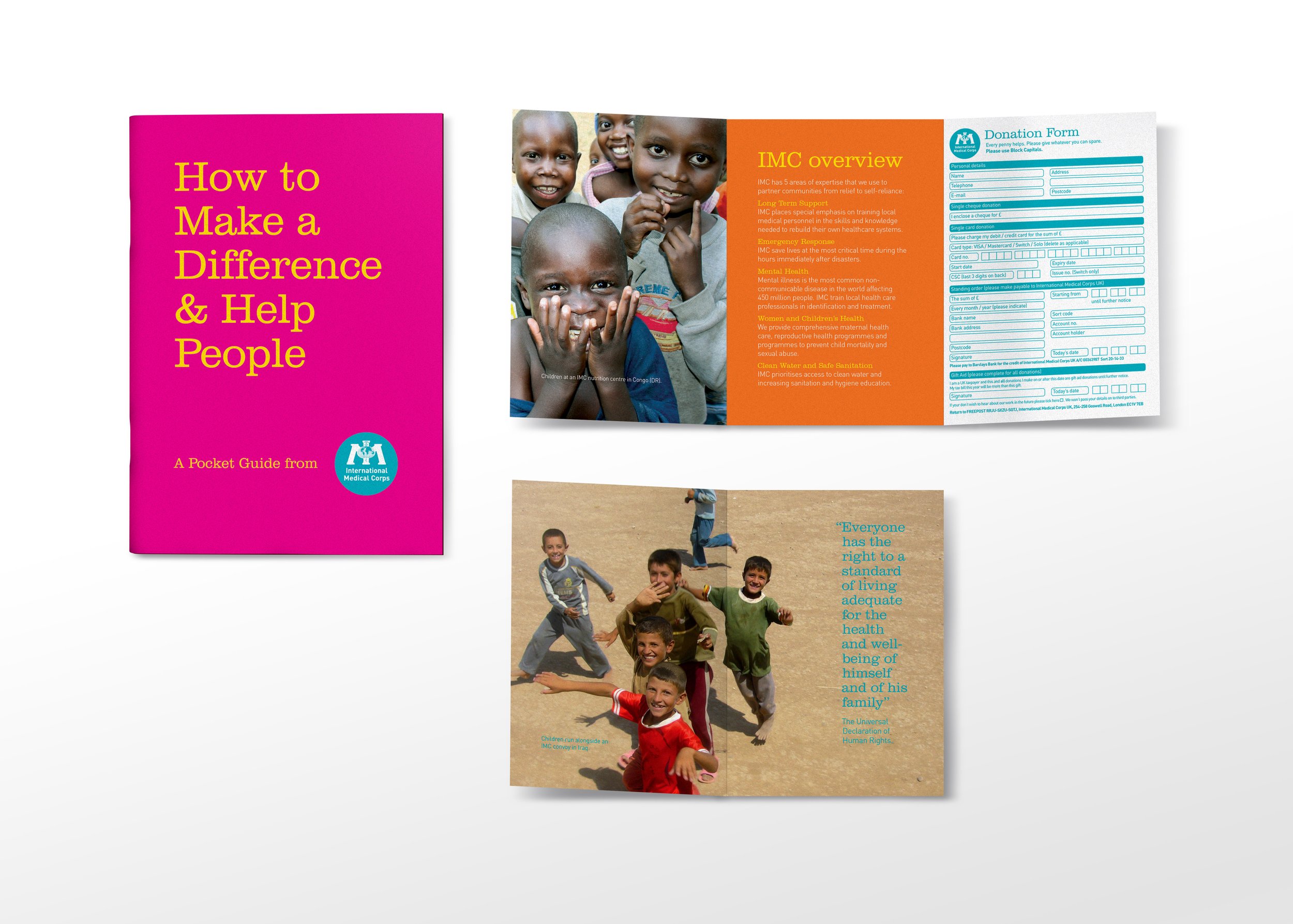 Pink booklet titled 'How to Make a Difference & Help People' from the International Medical Corps. Inside, there are pages with images of smiling children, one with a group of kids running on a dirt field, and another with kids standing and playing in a sandy area, alongside text and forms related to health and medical aid.