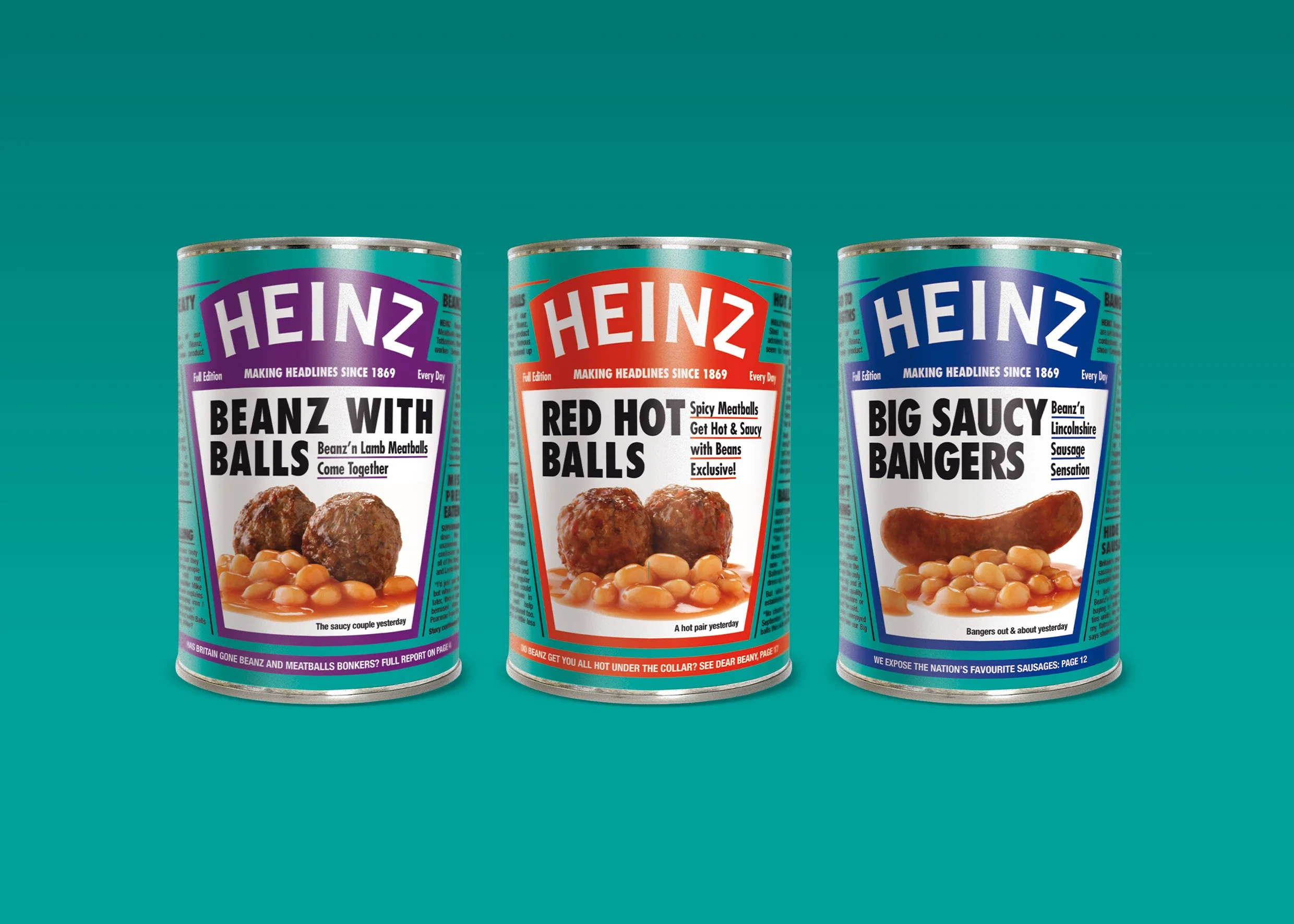 Three cans of Heinz Beanz food products with humorous labels, featuring meatball-based dishes against a teal background.