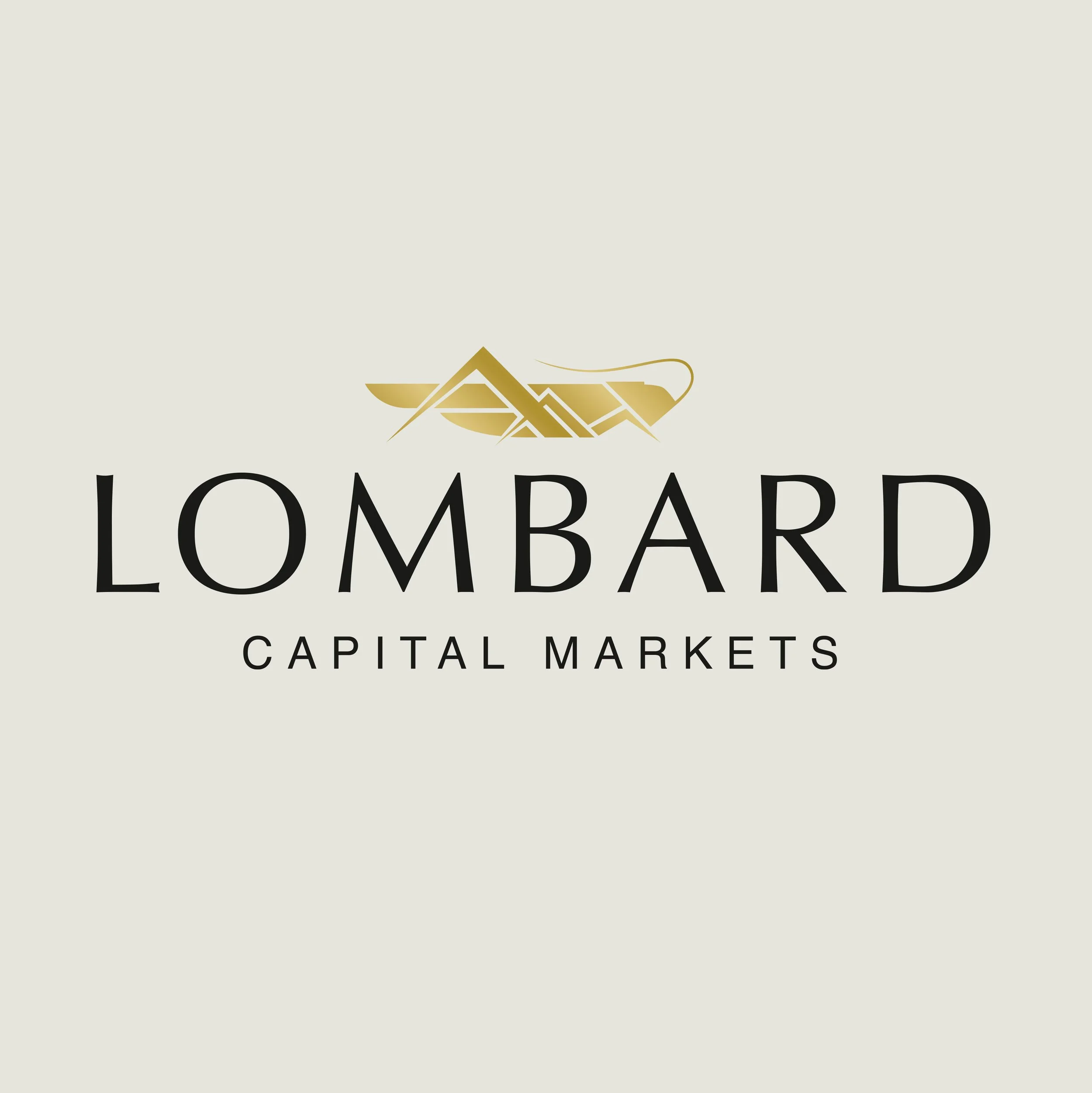 Logo for Lombard Capital Markets featuring a stylised gold mountain and leaf design above the company name and slogan on a beige background.