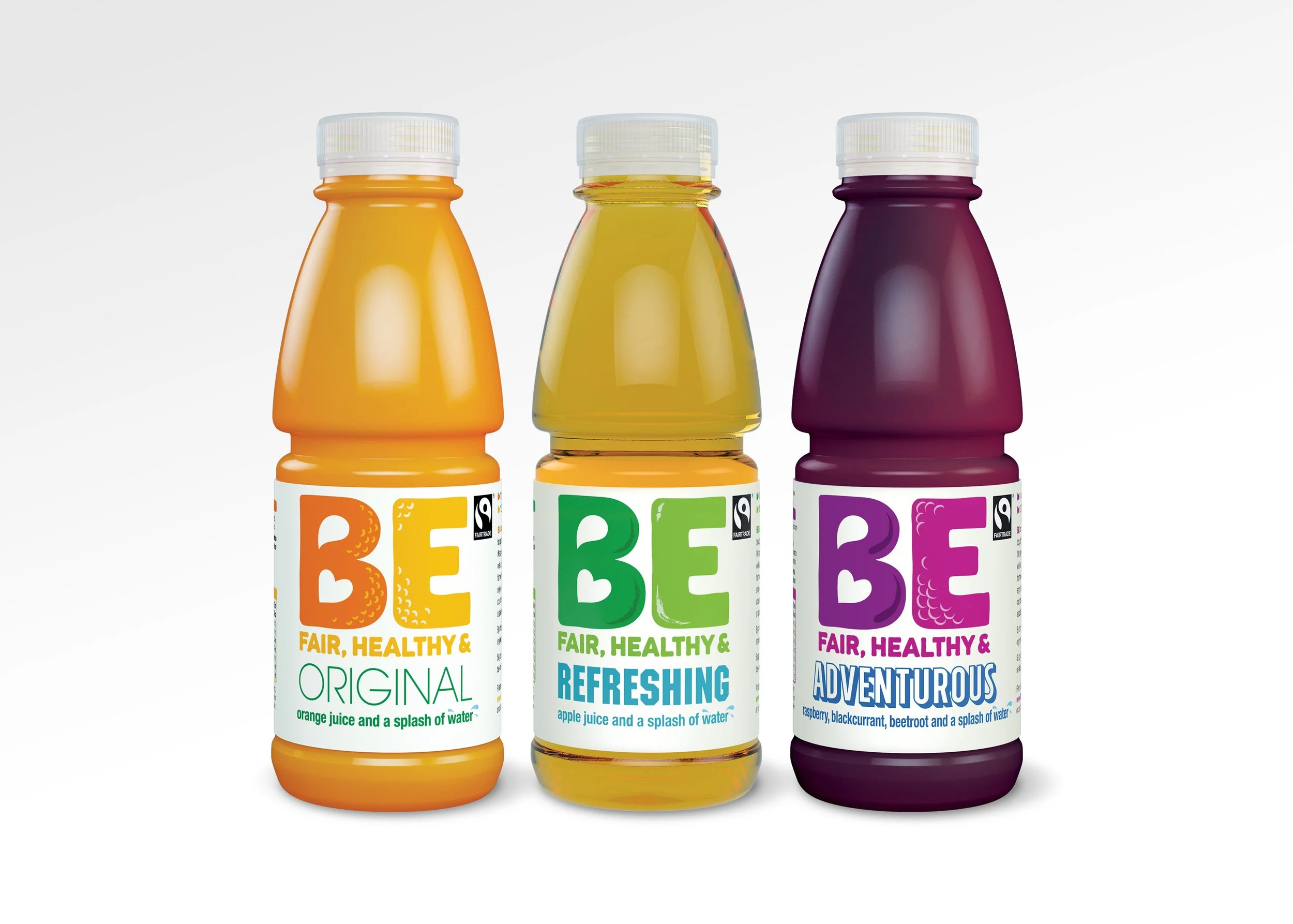 Three bottles of BE Drinks juice labeled - each with different flavours: original orange, refreshing apple, and adventurous raspberry, blackcurrant, and beetroot.