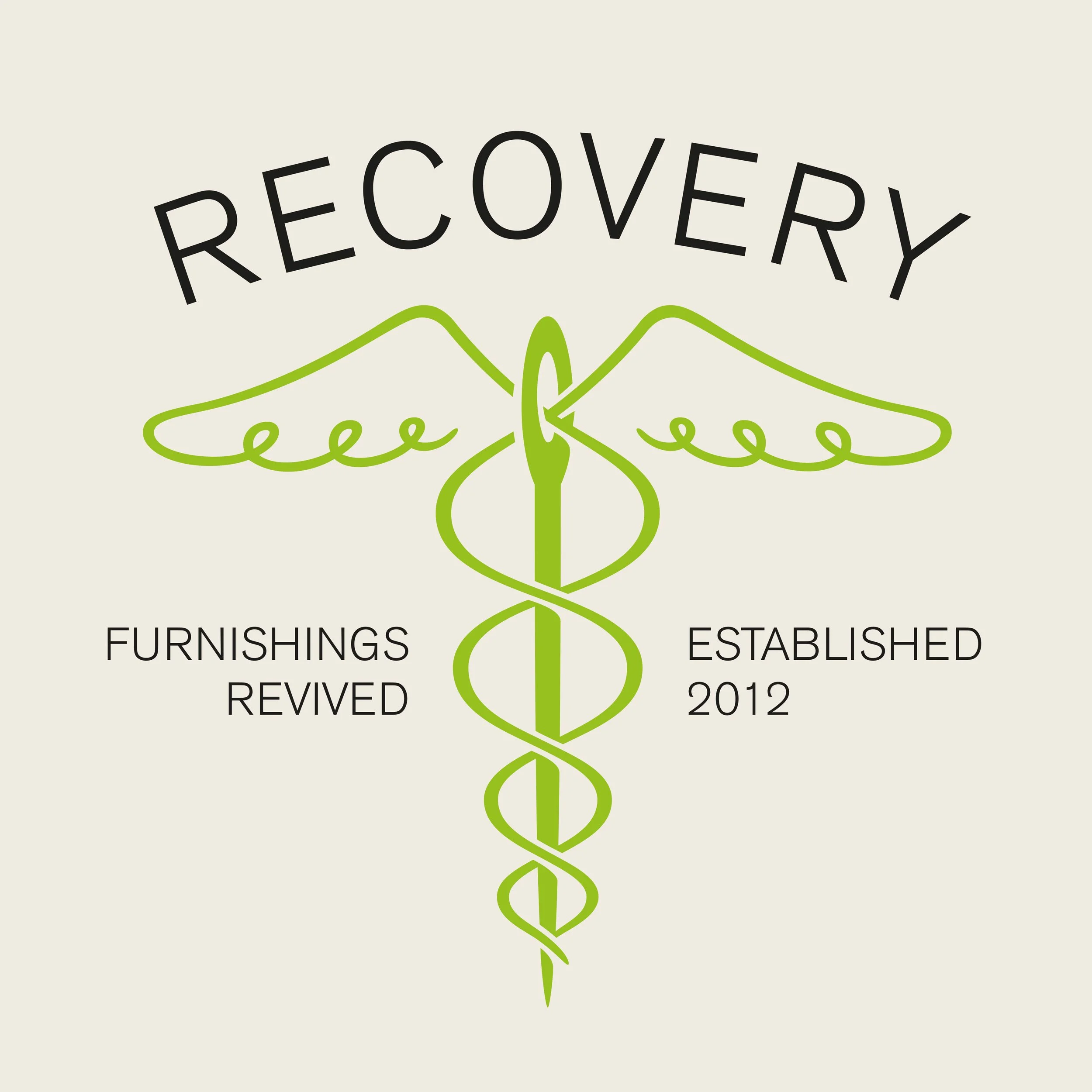 An illustration of a caduceus with the word 'RECOVERY' above it. Text reads 'FURNISHINGS REVIVED' on the left, 'ESTABLISHED 2012' on the right.
