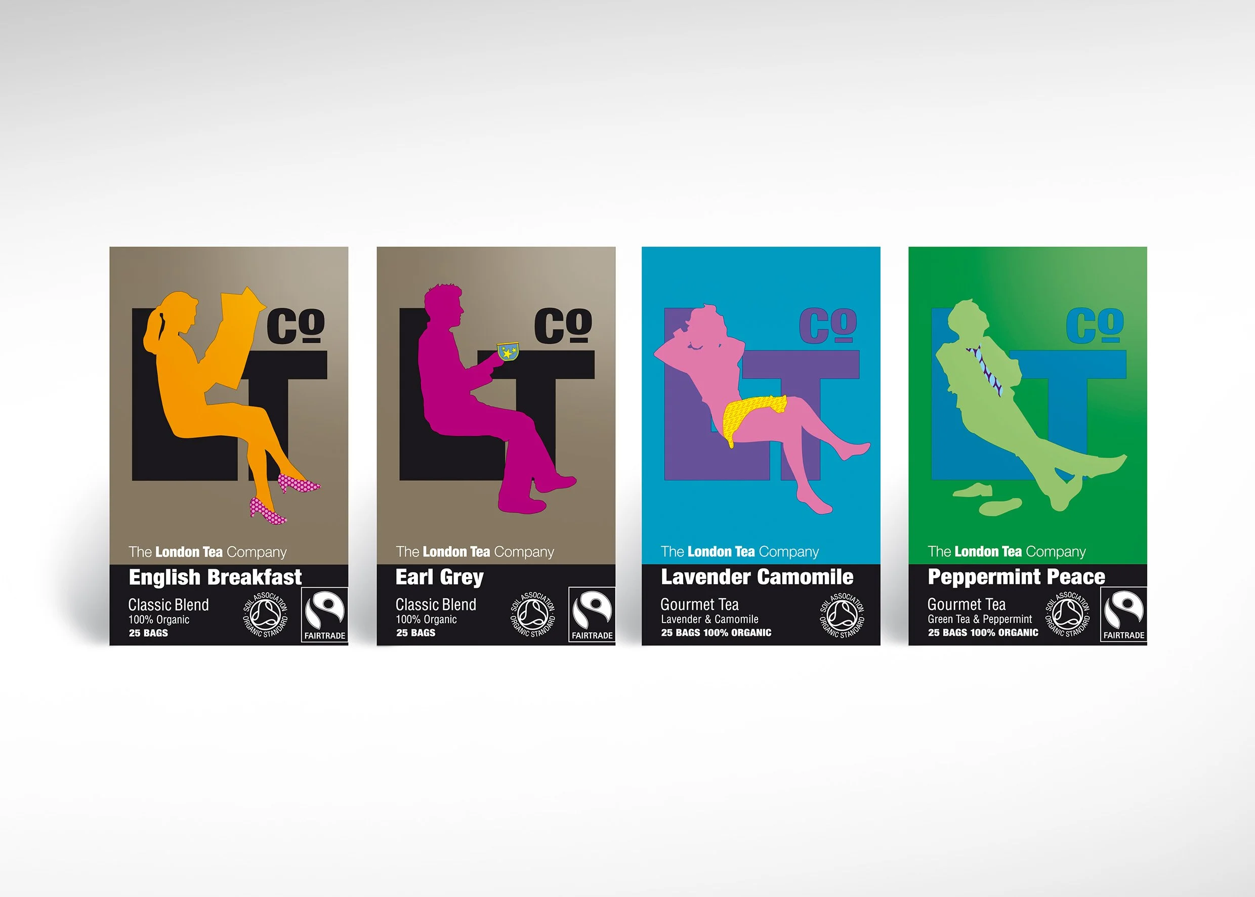 Four colorful tea package designs featuring silhouettes of women in relaxing poses at a table with the letter 'C' and 'O' beside them. The packages include flavors such as English Breakfast, Earl Grey, Lavender Camomile, and Peppermint Peace, and are labeled as 100% organic.