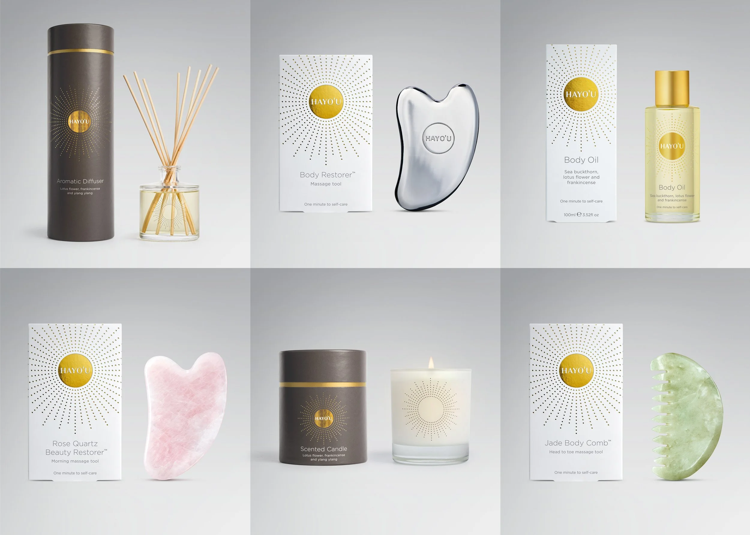 Hayo'u - Collection of self-care products including diffuser, massage tools, body oil, rose quartz beauty restorer, scented candle, jade body comb, and packaging boxes, arranged on a gray background.