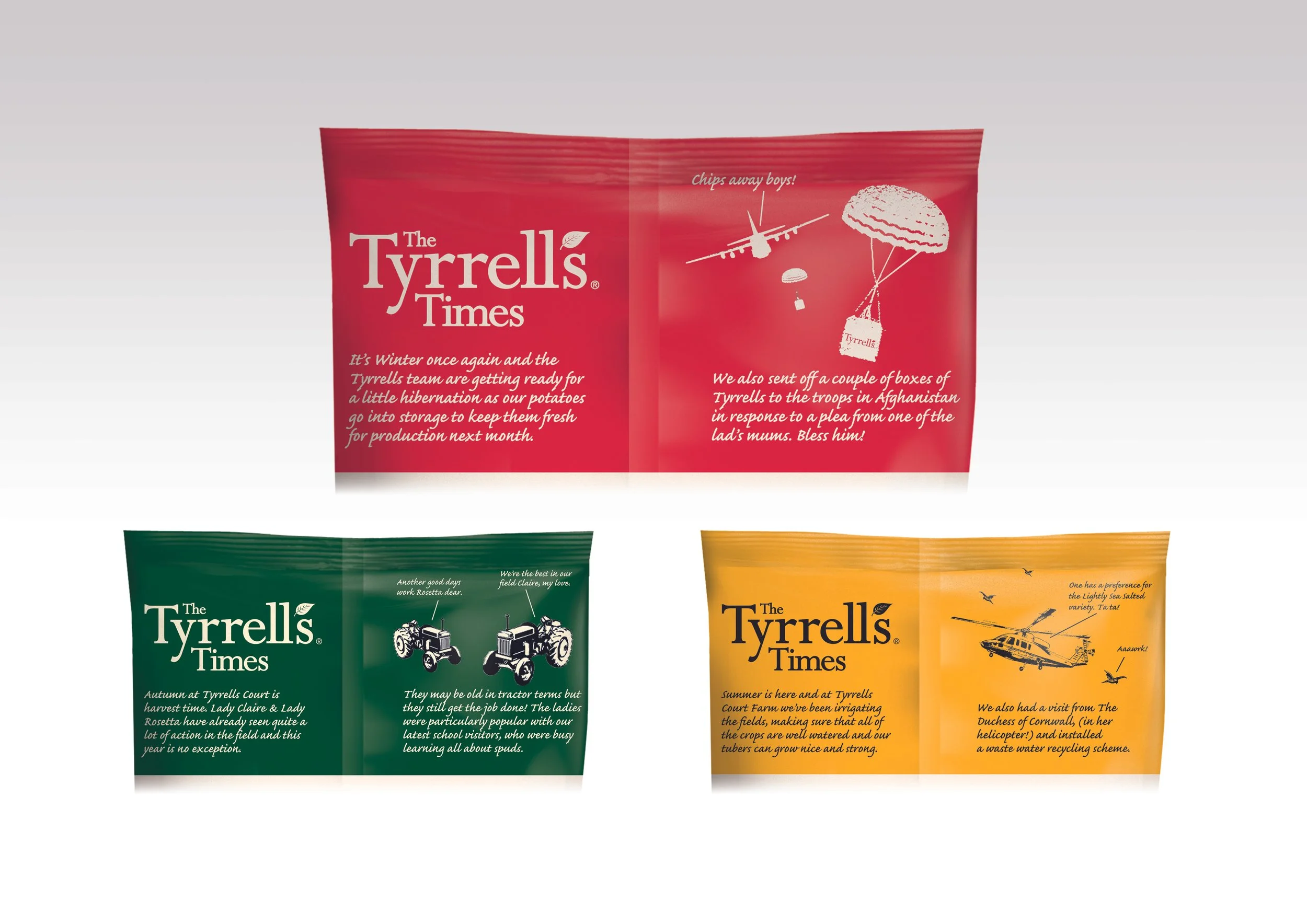 Three concepts for the back of packs for Tyrrells Crisps - featuring The Tyrrells Times, with illustrations and witty text about winter, farming, and summer seasons.