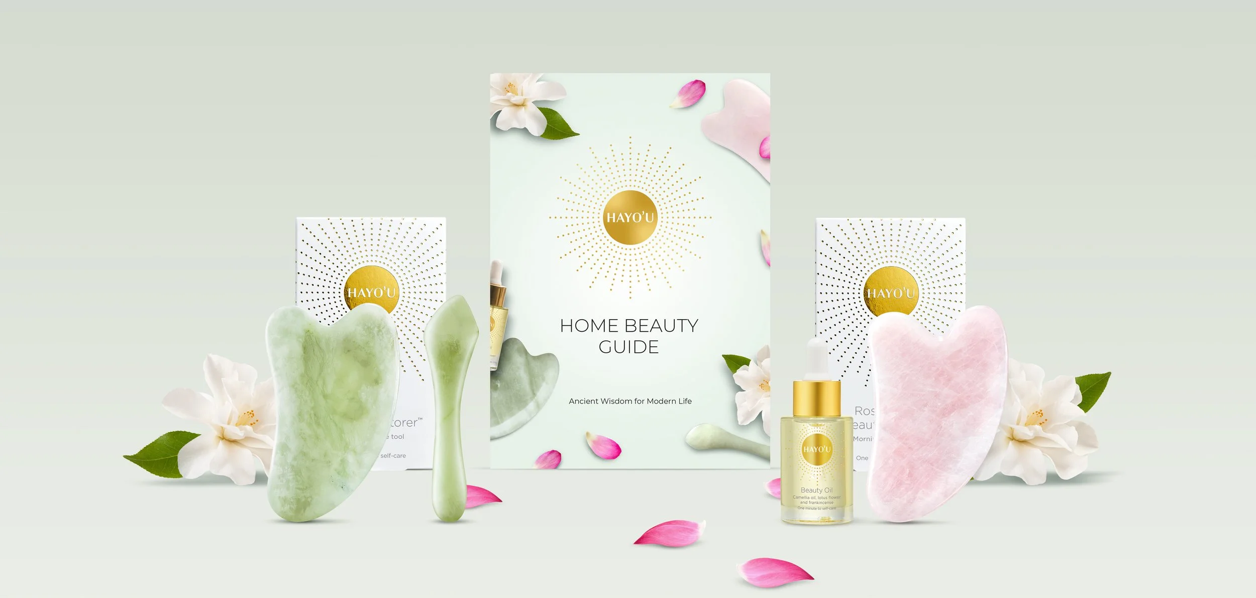 Home beauty products, including jade stones, a dropper bottle, and skincare items on a soft green background with flowers, petals, and a central guide titled 'HAYO’U Home Beauty Guide'.