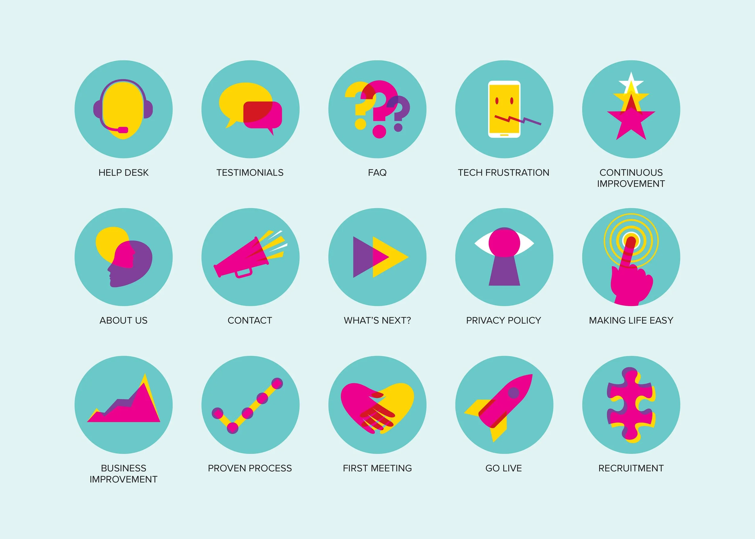 the Light - A set of 15 colorful icons with labels representing various customer service and business concepts, arranged in three rows of five items each.