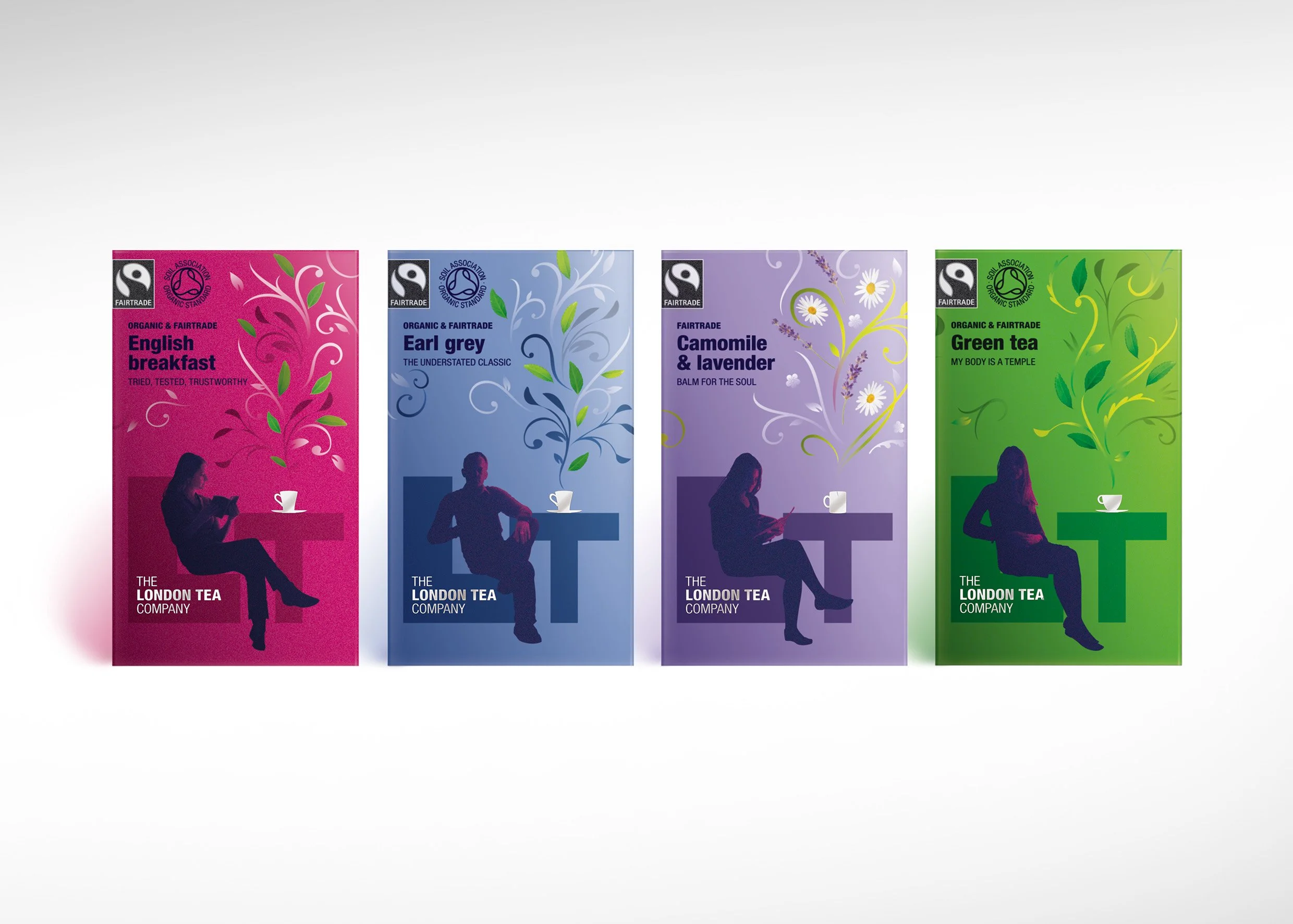 Four packages of organic and fairtrade tea, each with a different flavor: English Breakfast, Earl Grey, Camomile & Lavender, and Green Tea. Each package has a silhouette of a woman sitting at a table with a cup, and a colorful plant illustration above her.
