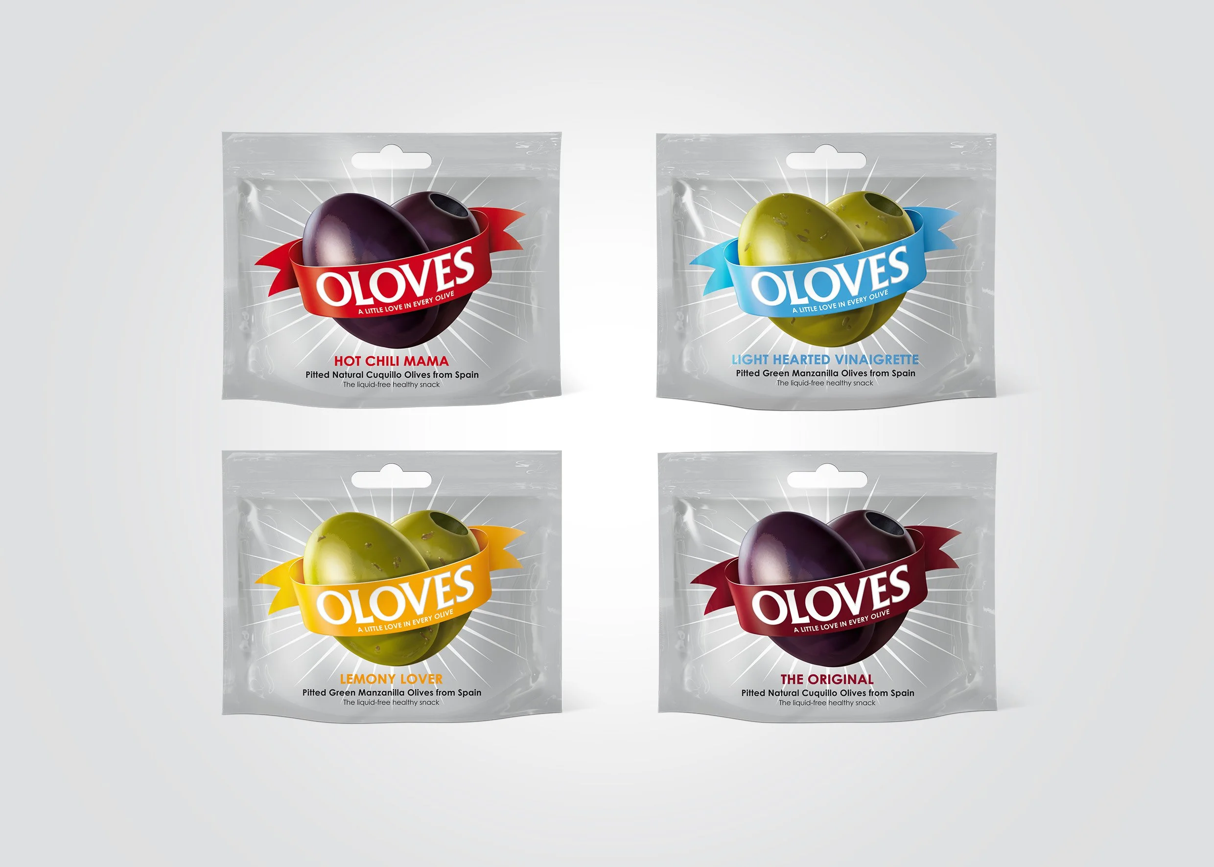 Four packages of Oloves olive snacks with different flavors and colors, arranged in a grid on a white background.