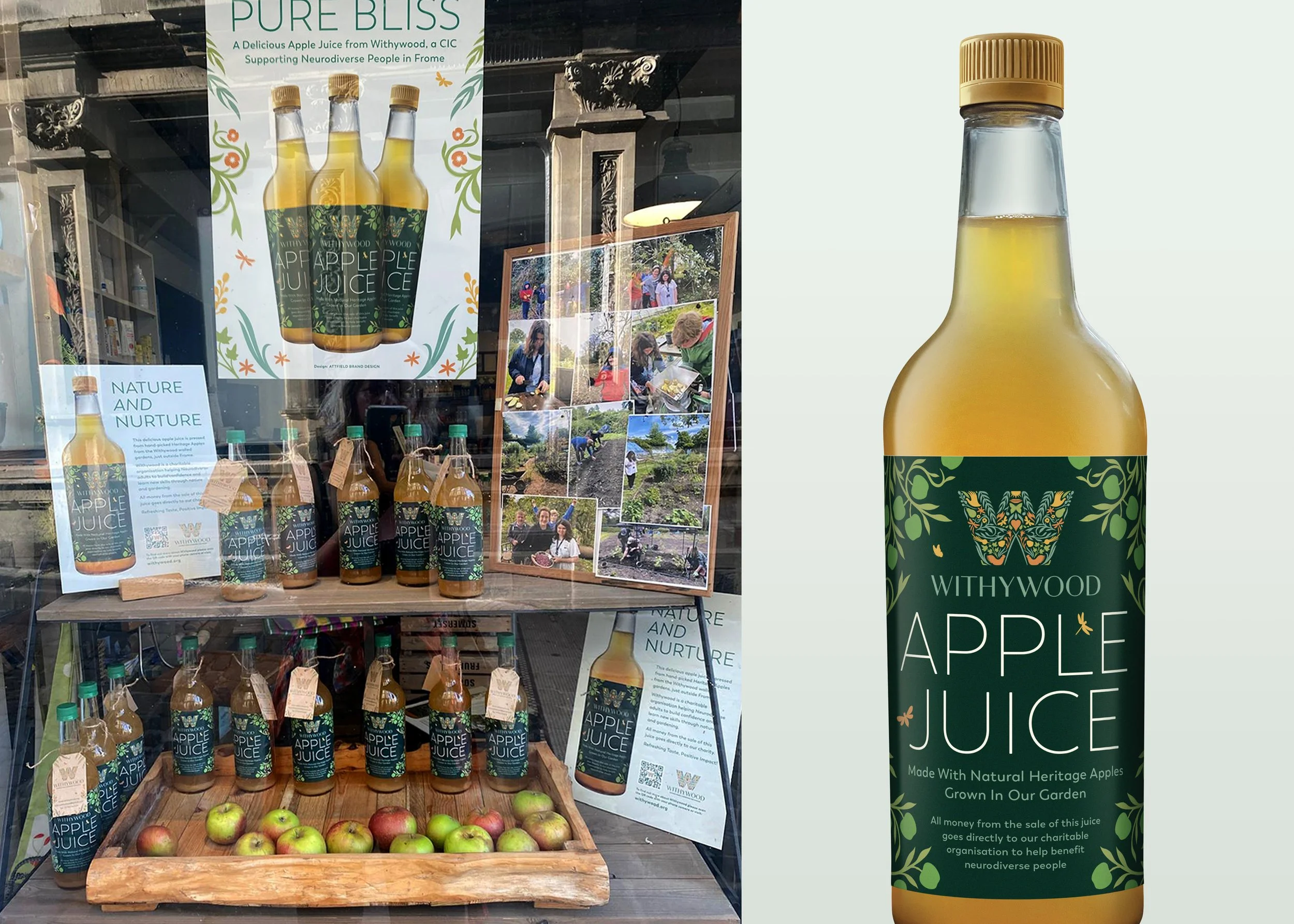 Withywood Apple Juice packaging and shop display. The juice is made from 100% natural Withwood apples and with all proceeds going to the charity.