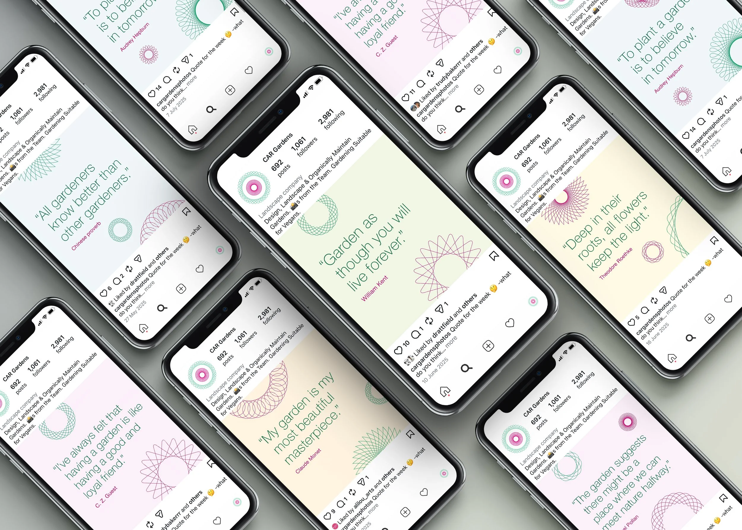 Apple iphones displaying C.A.R. Gardens Instagram posts with interesting gardening quotes and freeform spirographs.