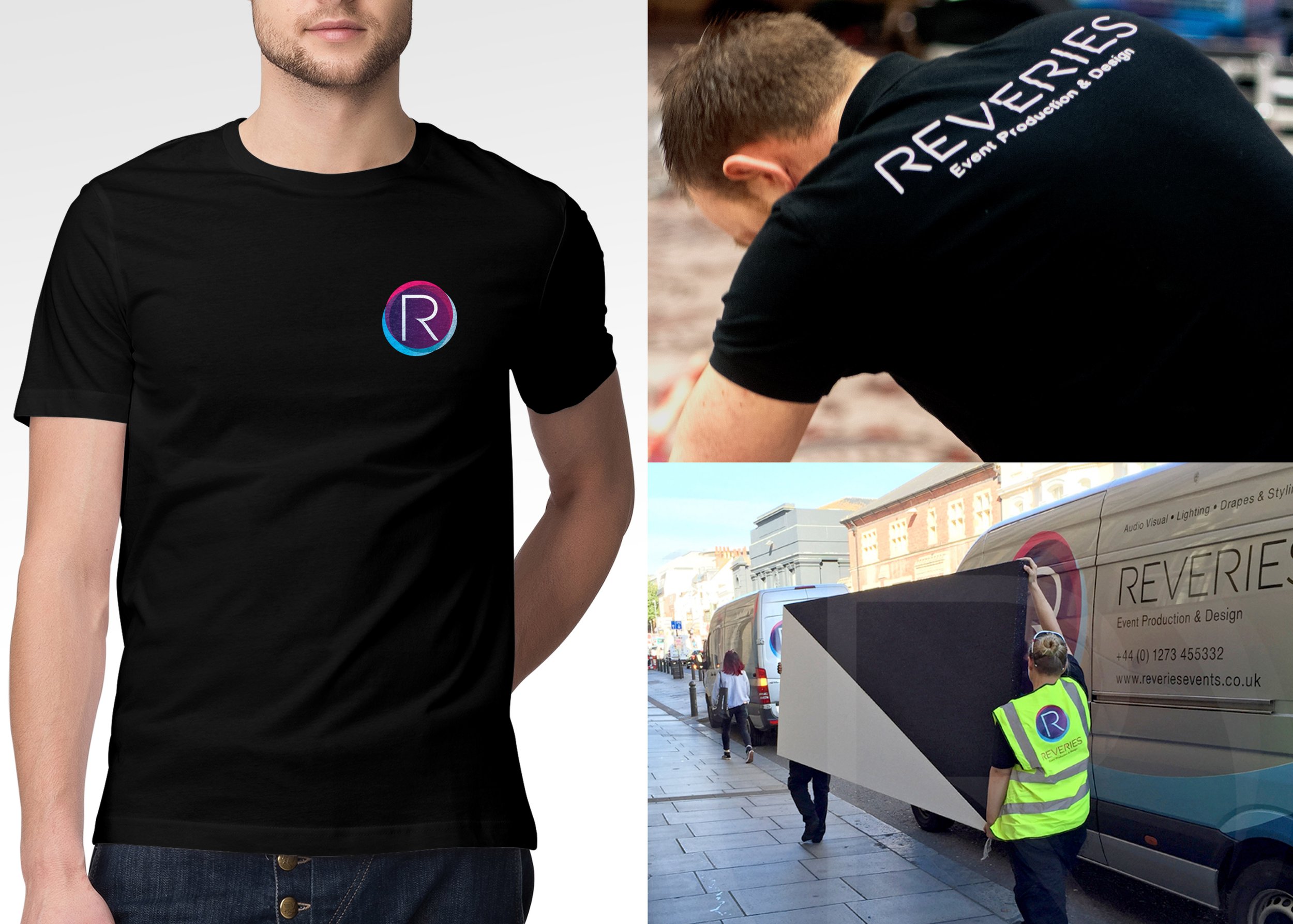 A black t-shirt with a circular logo containing a stylized 'R' in purple, blue, and pink. The back of the shirt on a person has the text 'REVERIES Event Production & Design'. Further images show the logo on a van and a person wearing a high visibility vest with the same logo, indicating it is a branding for a company named Reveries.