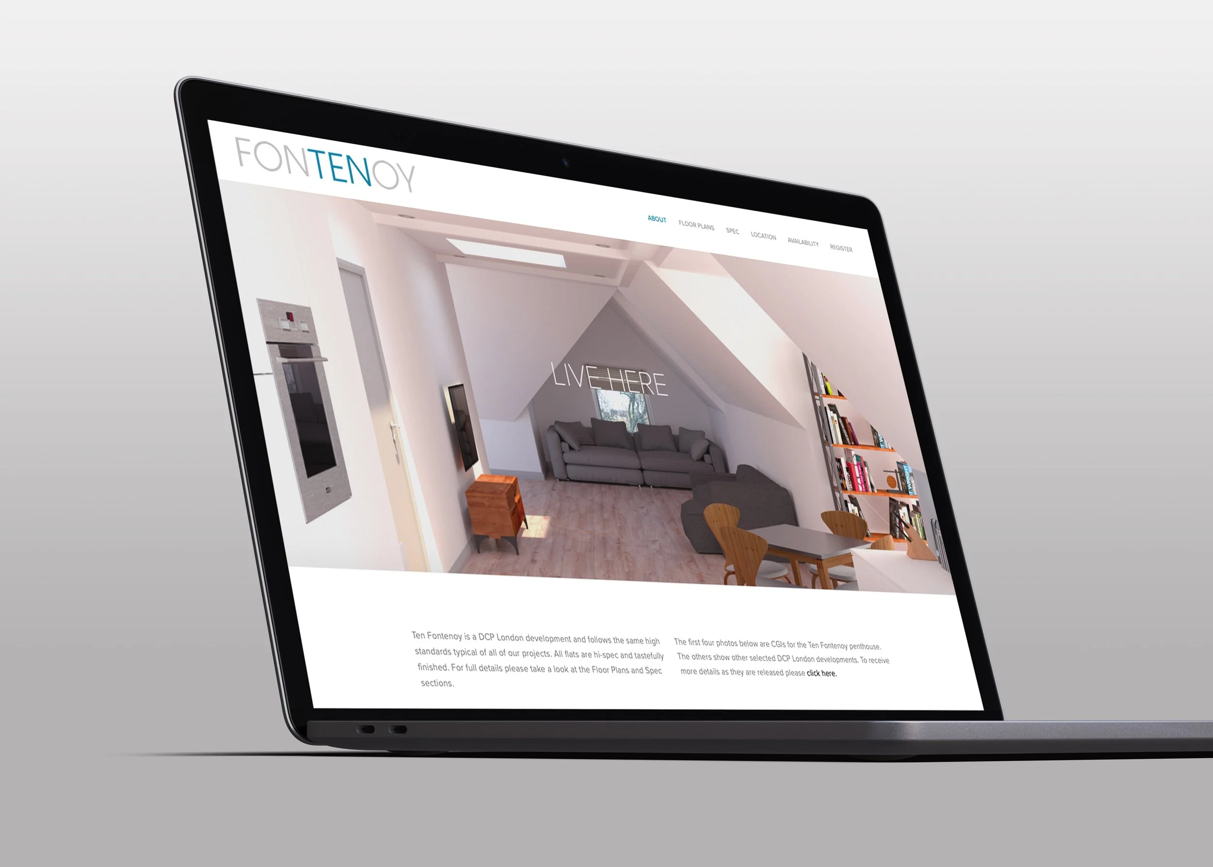 Laptop screen displaying a webpage for Ten Fontenoy, featuring an interior of a modern, white living space with a grey sofa, bookshelves, and a dining area.