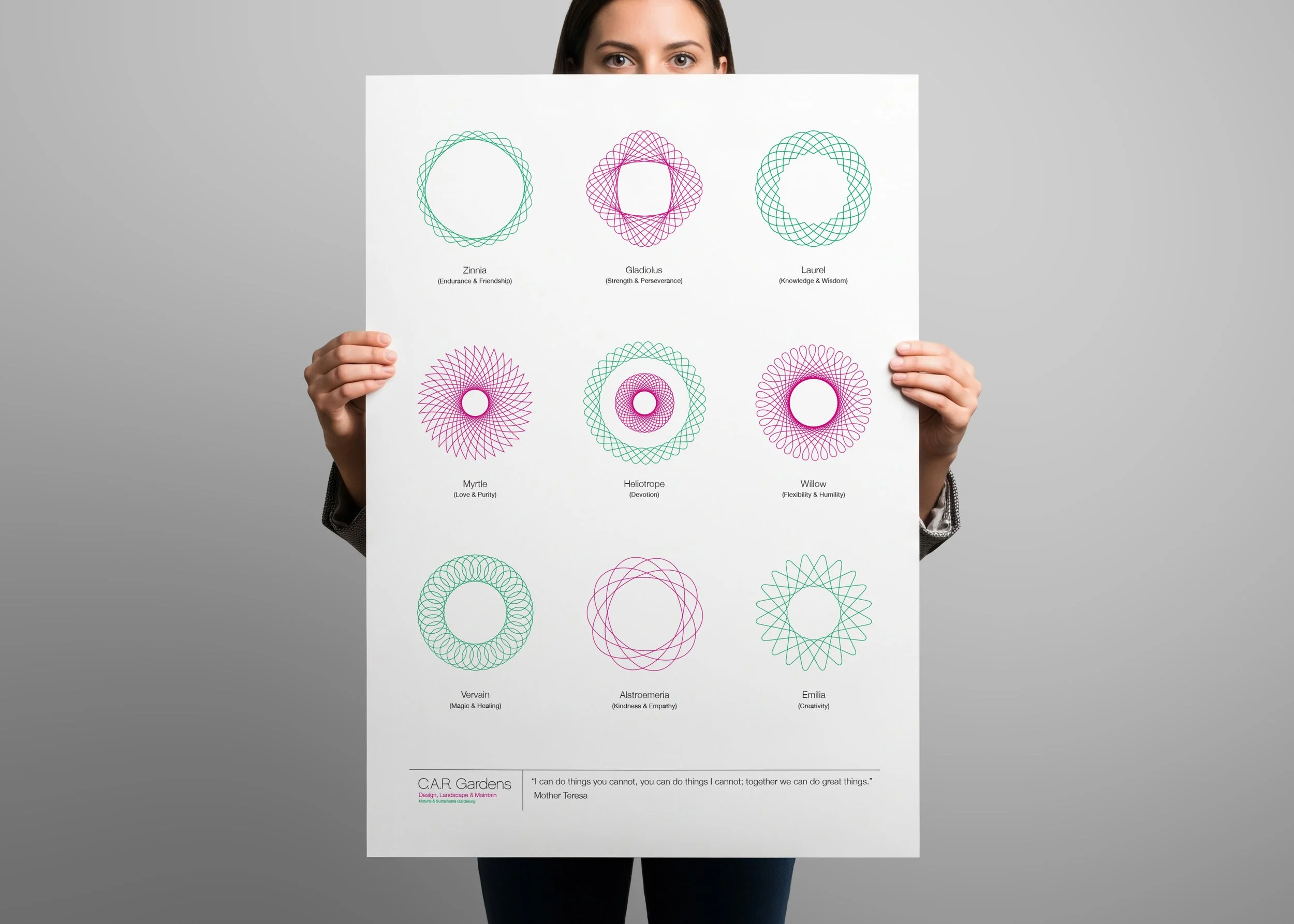 A lady holding up a C.A.R. Gardens poster - 9 geometric line art designs with names: Vinca, High John, Calamus, Myrtle, Lovage, Willow, Vervain, Horehound, Zatar, arranged in a 3x3 grid.