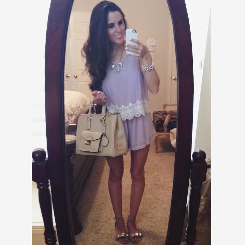 lace trim romper: boutique in Mississippi (I've been searching and searching for something similar without much luck, but I do love this one), shoes: Marshall's, bag: Christian LaCroix via Marshall's, necklace: Logs 'n Lace , bracelet: Charming Charlie