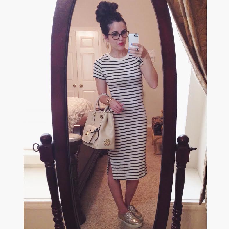 dress: TJ Maxx (similar here ), shoes: Steve Madden via Macy's (no longer available) , purse: Christian LaCroix via Marshall's, earrings: Forever 21, glasses: Versace