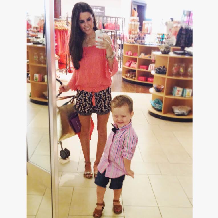 off-the-shoulder coral top: Amazon , shorts: Nordstrom , sandals: Marshall's (similar here ) // on Bear: shirt: Polo Ralph Lauren (similar here ), shorts: Baby Gap , shoes: Salt Water Sandals , bow tie: Janie & Jack