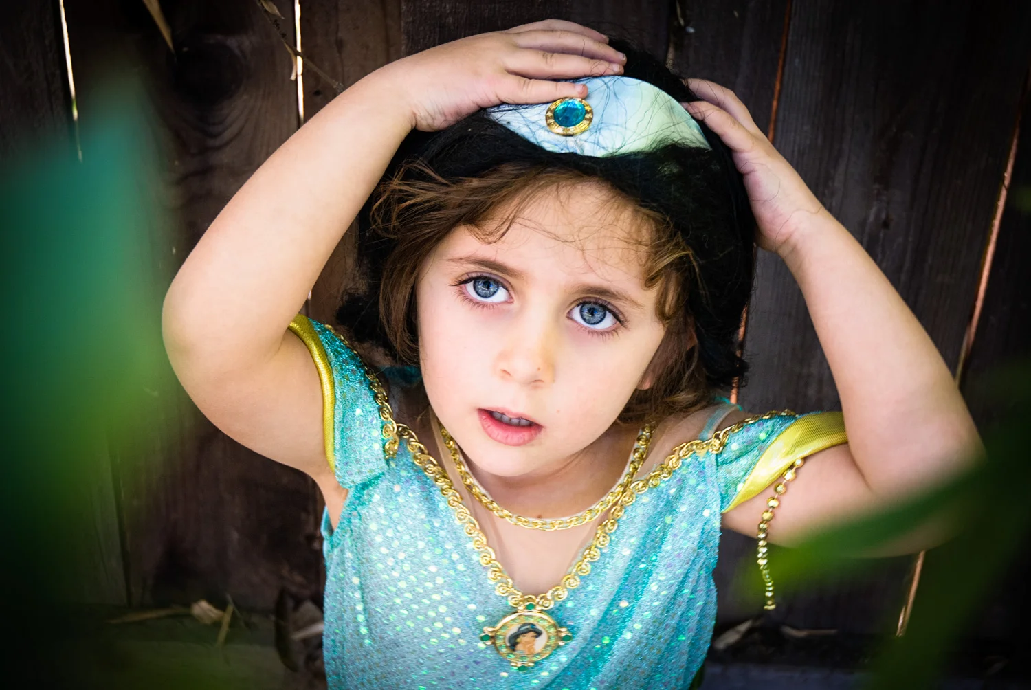 Top half of little girl in blue princess outfit.