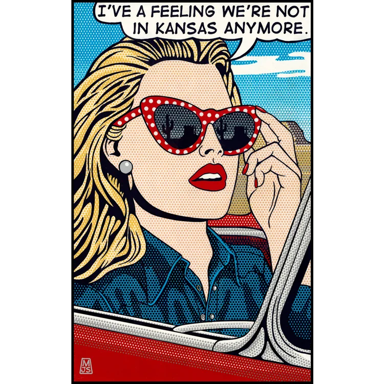 DOTTY The Ben-Day dots printing process, where equal sized dots are equally spaced or overlapped, was something that fascinated Malcolm Smith. Using mostly primary colors (red, yellow and blue) allowed the composition of his pieces to stand out. This particularily lent well to his subject matter: portraits of women from 1960s romance comics. The simplicity of using two parts, the face and hands, to convey an expression or emotion, led to Smith incorporating classic and well known movie quotes, creating a new context. The simple black frames of the paintings remind us of those early comic book pages. Smith later began painting in a smaller format, using garter belts, stockings and shoes from that era as well as his subject. The juxtaposition of function and flesh, cold steel against soft skin and fabric, can be compared to Smith's background in engineering and passion for art.