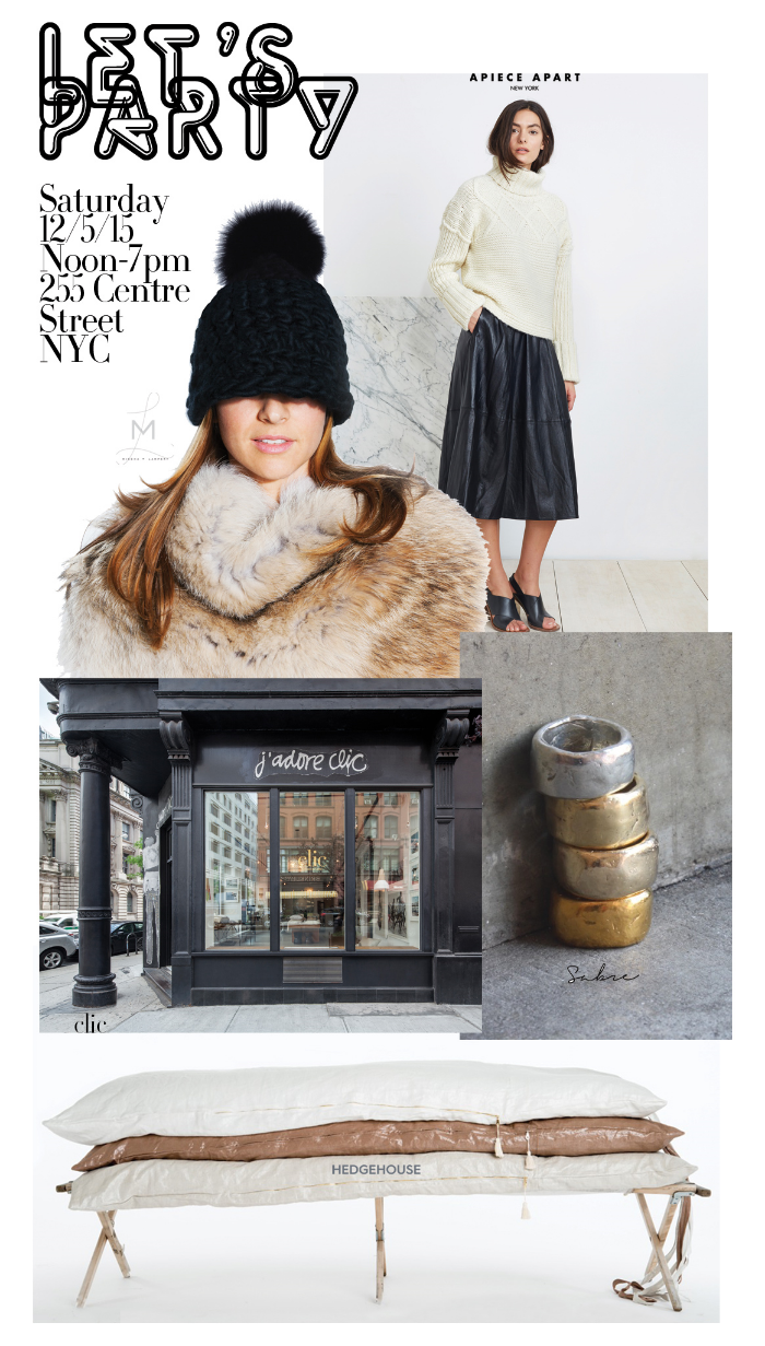 We're feeling festive! Join us Saturday, December 5, 2015 at Clic NYC for refreshments and special discounts. We're offering 10% off on almost everything! Plus Hedgehouse, Apiece Apart New York, Sabre NYC, and Mischa Lampert will be celebrating with us & offering special prices. Can this get any better? YES! Mischa Lampert will be making custom hats to order so you can build the beanie of your dreams. We can't wait to see you there. Happy Holidays!