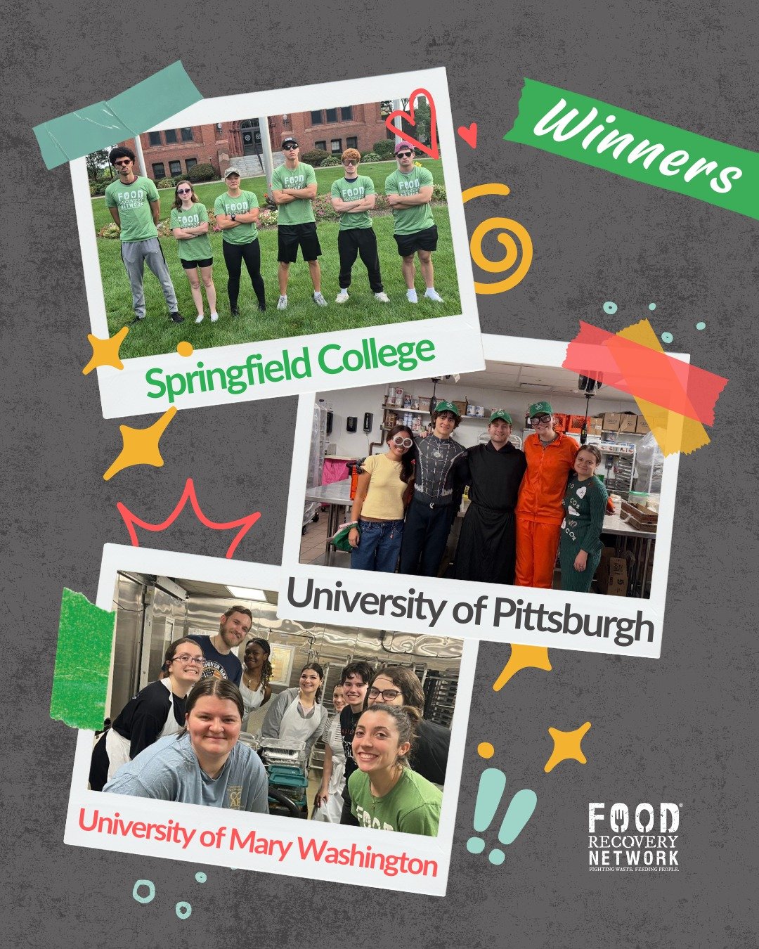 🎉✨ Drumroll please... The winners of the Food Recovery Frames photo and video contest are: Springfield College, the University of Pittsburgh (@foodrecoveryheroes), and the University of Mary Washington (@umwfoodrecoverynetwork)! ✨ 🎉

Thank you to e