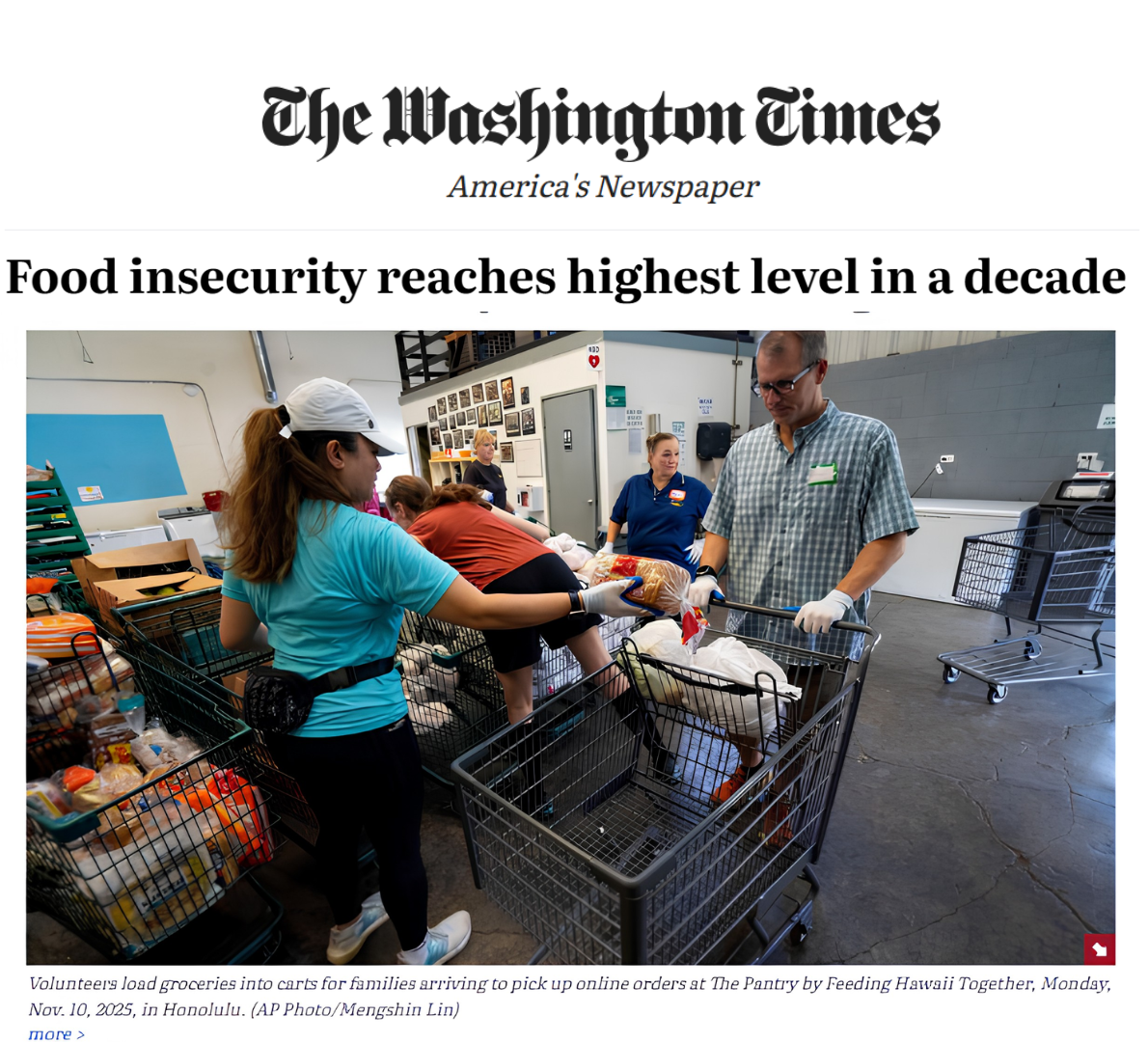 In the News: The Washington Times, Food insecurity reaches highest level in a decade