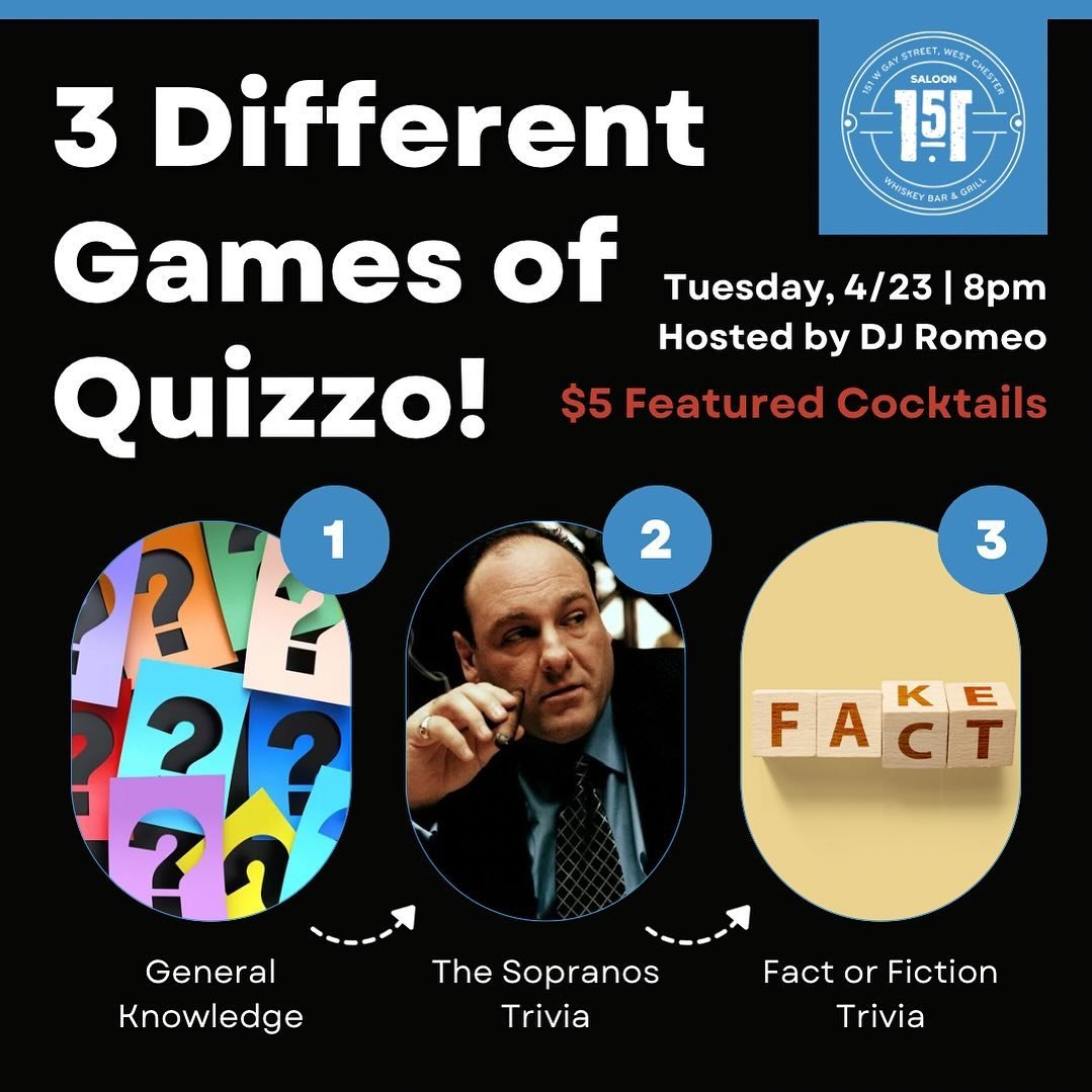 Tuesday means Quizzo Night! 🤓 Come test your knowledge TONIGHT on 3 different games of trivia. Themes this week: General Knowledge, The Sopranos and a Fact or Fiction game! Hosted by @djromeo24 Prizes for the Top 3 teams each game! 1/2 Price Entree 