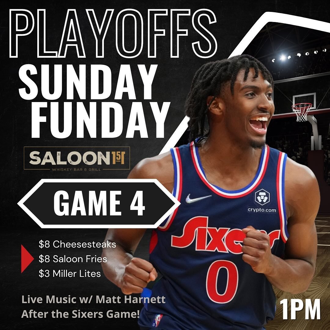 🏀 Sixers Game 4 tips off at 1pm 🏀 $8 Cheesesteaks, $3 Miller Lites &amp; $8 Saloon Fries All Day! $3 Tito&rsquo;s Drinks 9pm-11pm! 🦀 AYCE Crab Legs 3pm-9pm 🦀 Live Music w/ @_harnett starts at 4pm. Let&rsquo;s make it a Sunday Funday! #westchester