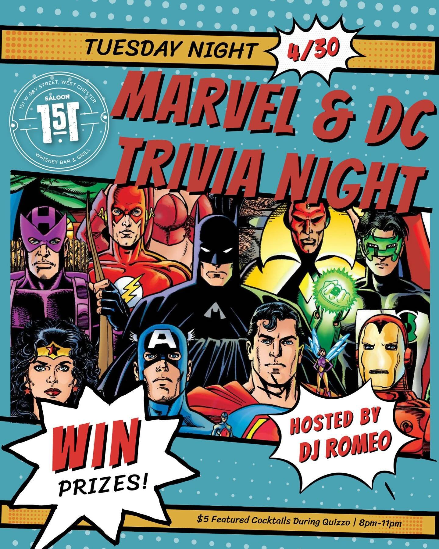 Tuesday means Quizzo Night! 🤓 Come test your knowledge on Tuesday, 4/30. Themes this week: 2 games all about Marvel &amp; DC plus a General Knowledge game! Hosted by @djromeo24 Prizes for the Top 3 teams each game! 1/2 Price Entree Fries &amp; 1/2 P