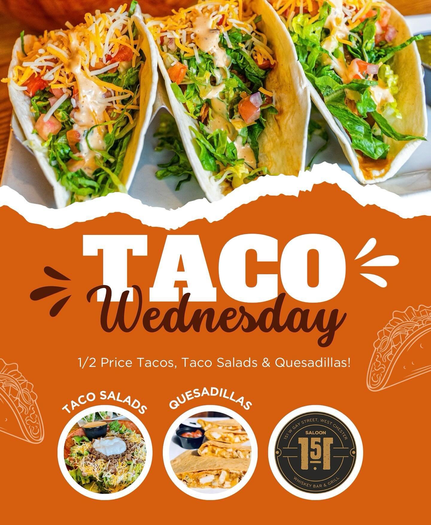🌮 1/2 price tacos, taco salads &amp; quesadillas ALL DAY! Weekly Music Bingo starts up at 9pm 🎵 5 chances to win a gift card! #westchesterpa #downtownwestchesterpa #wcupa #wcuofpa #westchesterborough #westchesteruniversity #saloon151 #westchester #