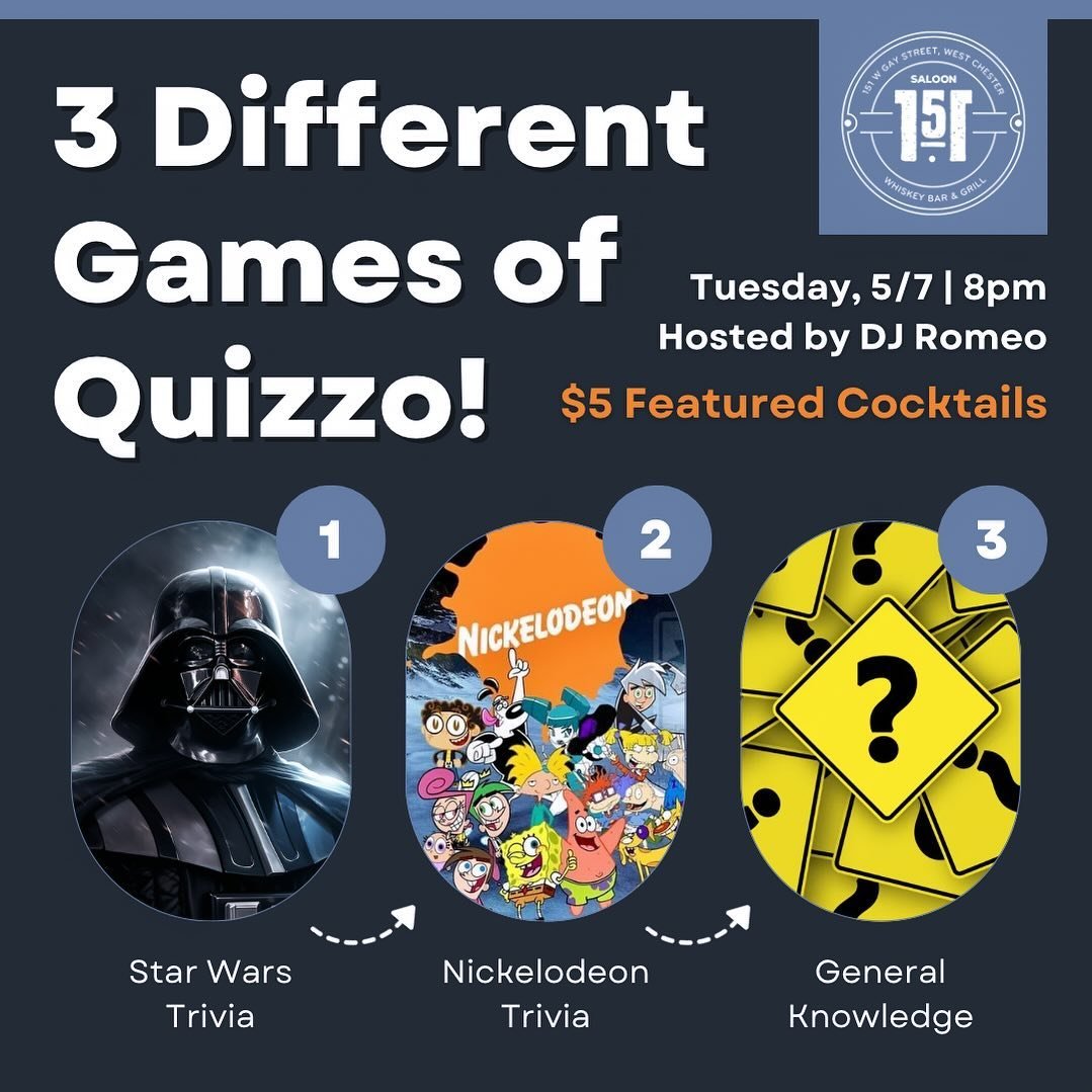 Tuesday means Quizzo Night! 🤓 Come test your knowledge TONIGHT! Themes this week: Star Wars, Nickelodeon &amp; and a General Knowledge game! Hosted by @djromeo24 Prizes for the Top 3 teams each game! 1/2 Price Entree Fries &amp; 1/2 Price Nachos All