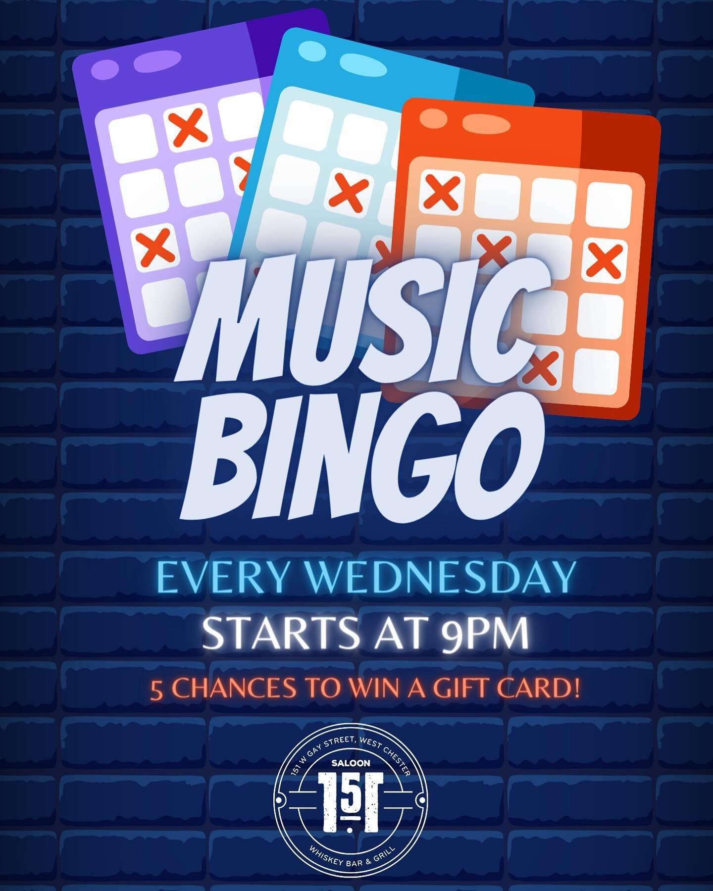 Weekly Music Bingo starts up at 9pm 🎵 5 chances to win a gift card! 🌮 1/2 price tacos, taco salads &amp; quesadillas ALL DAY! #westchesterpa #downtownwestchesterpa #wcupa #wcuofpa #westchesterborough #westchesteruniversity #saloon151 #westchester #